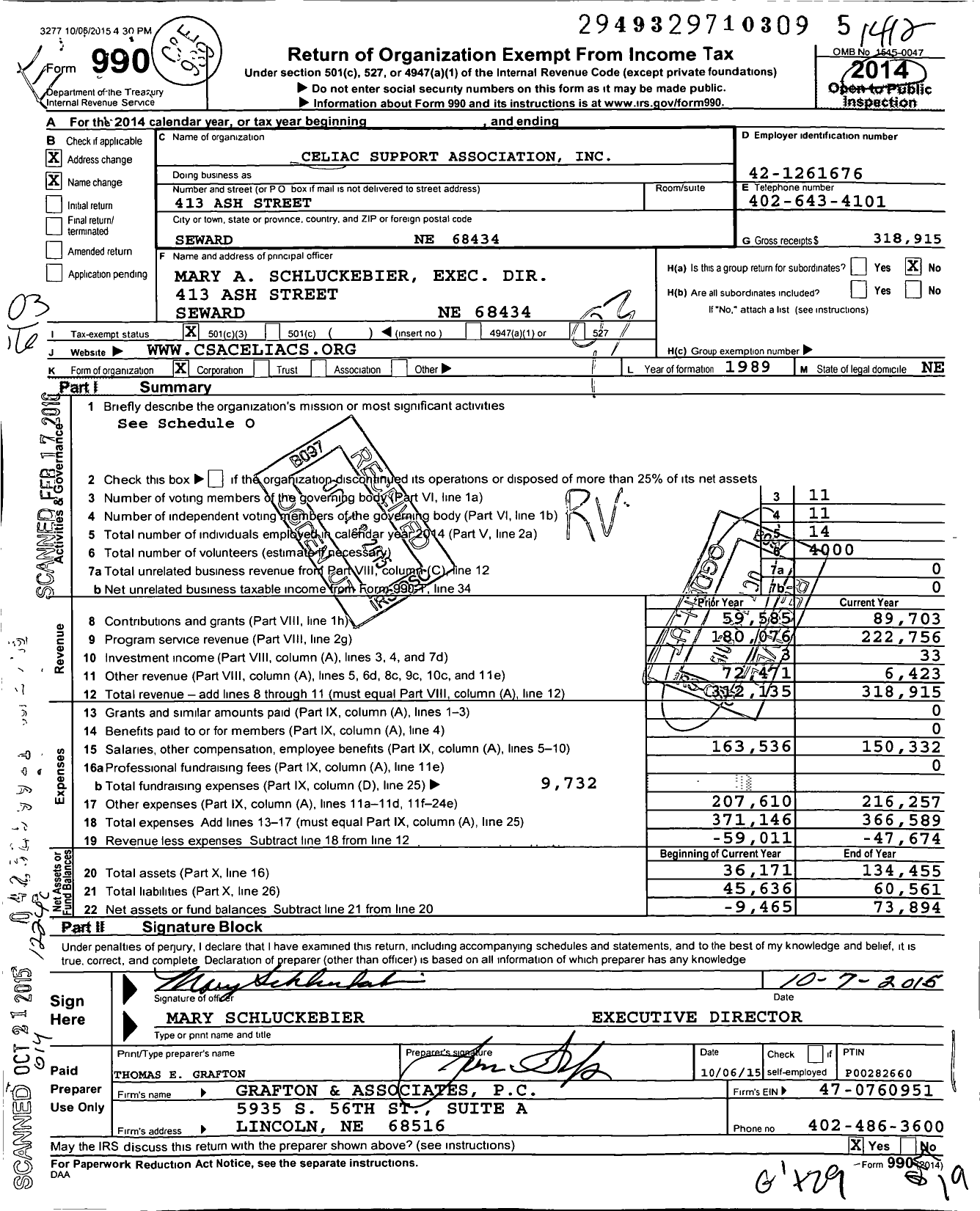 Image of first page of 2014 Form 990 for Celiac Support Association