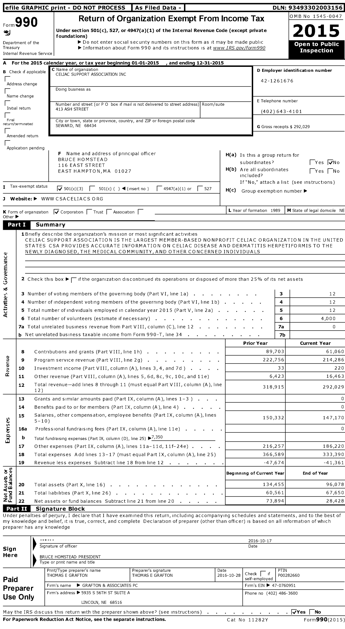 Image of first page of 2015 Form 990 for Celiac Support Association