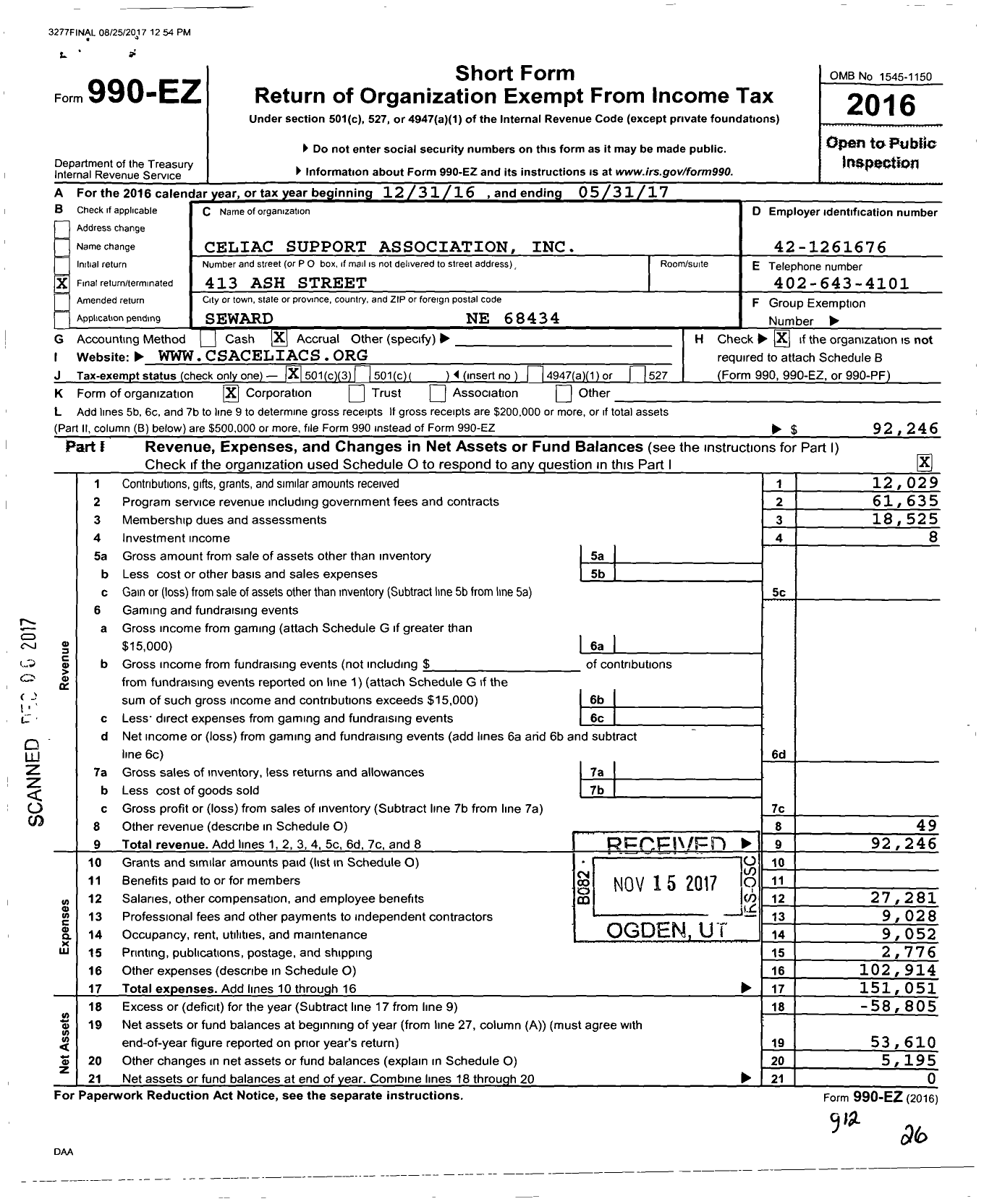 Image of first page of 2016 Form 990EZ for Celiac Support Association