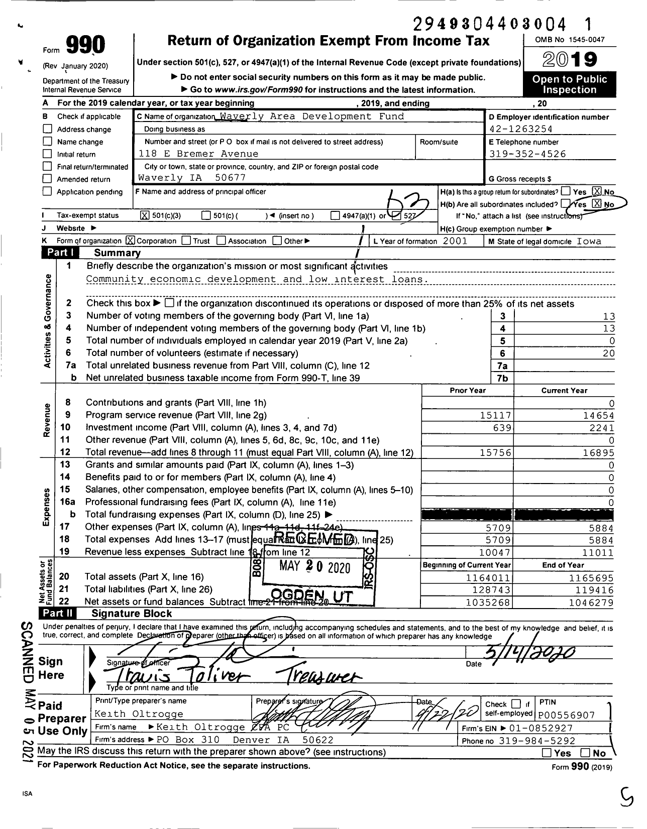 Image of first page of 2019 Form 990 for Waverly Area Development Fund