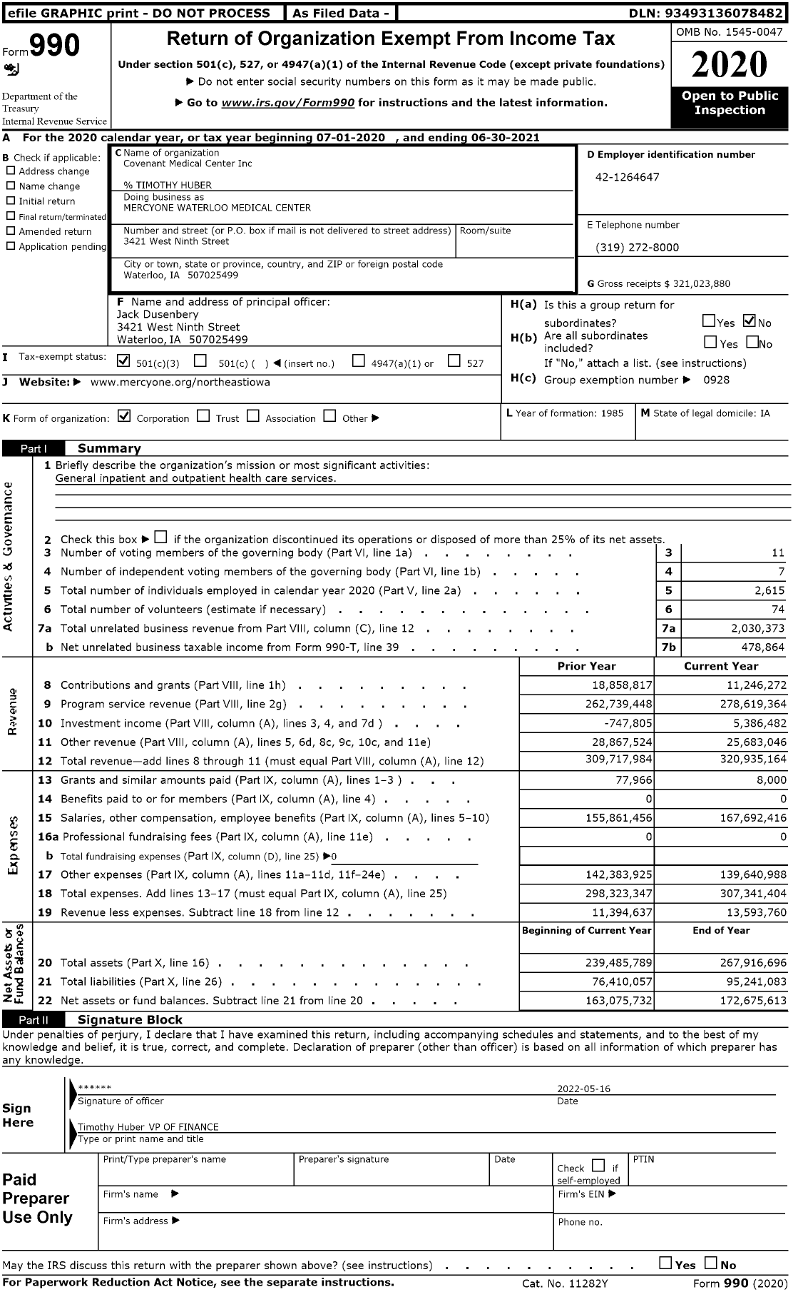 Image of first page of 2020 Form 990 for MercyOne Waterloo Medical Center