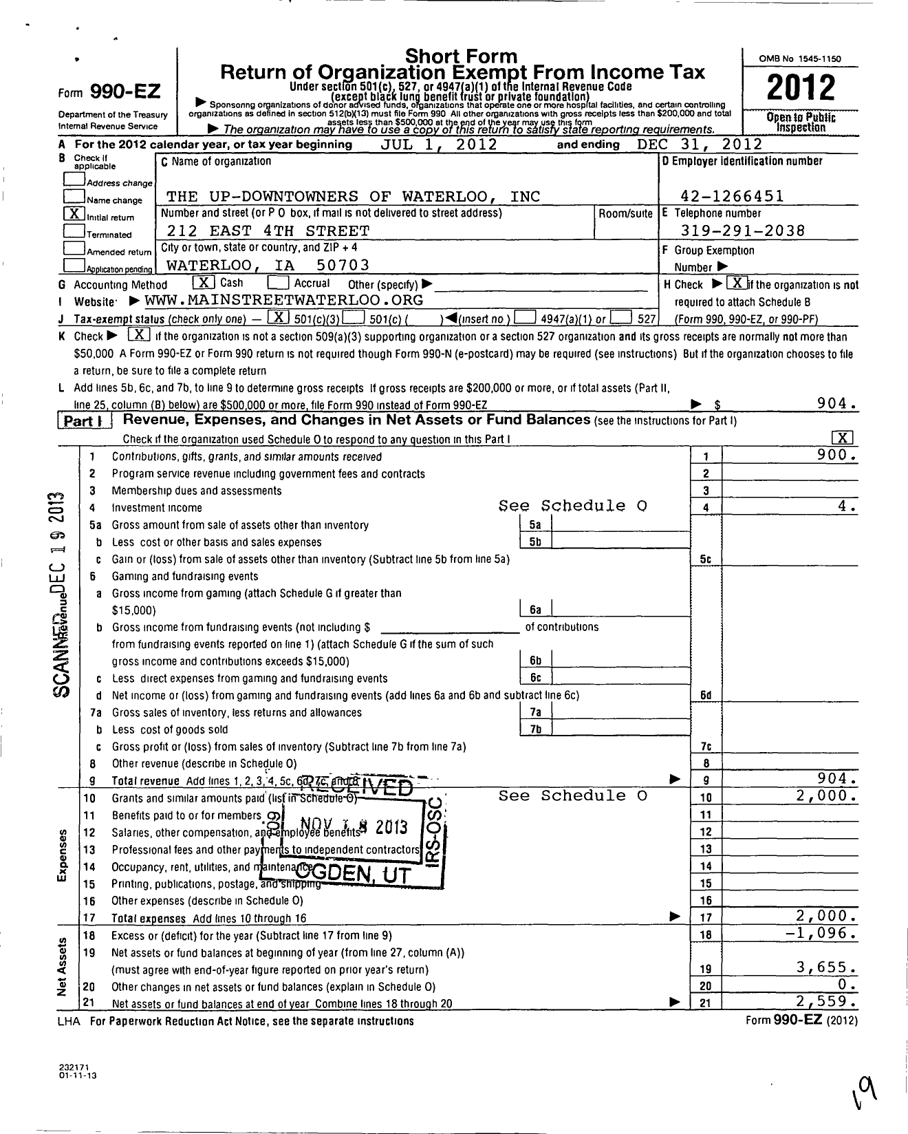Image of first page of 2012 Form 990EZ for Updowntowners of Waterloo