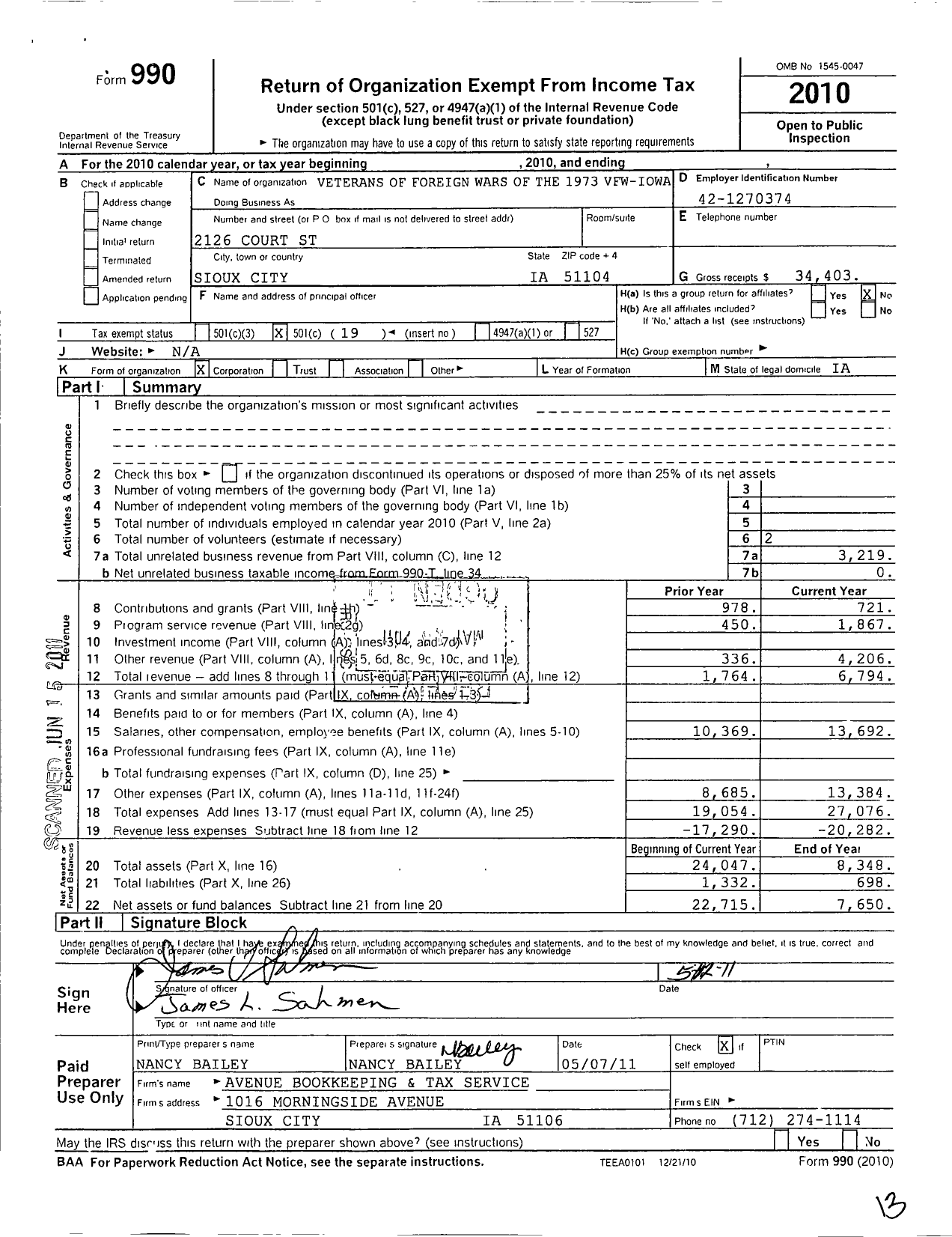 Image of first page of 2010 Form 990O for Veterans of Foreign Wars of the United States Dept of Iowa