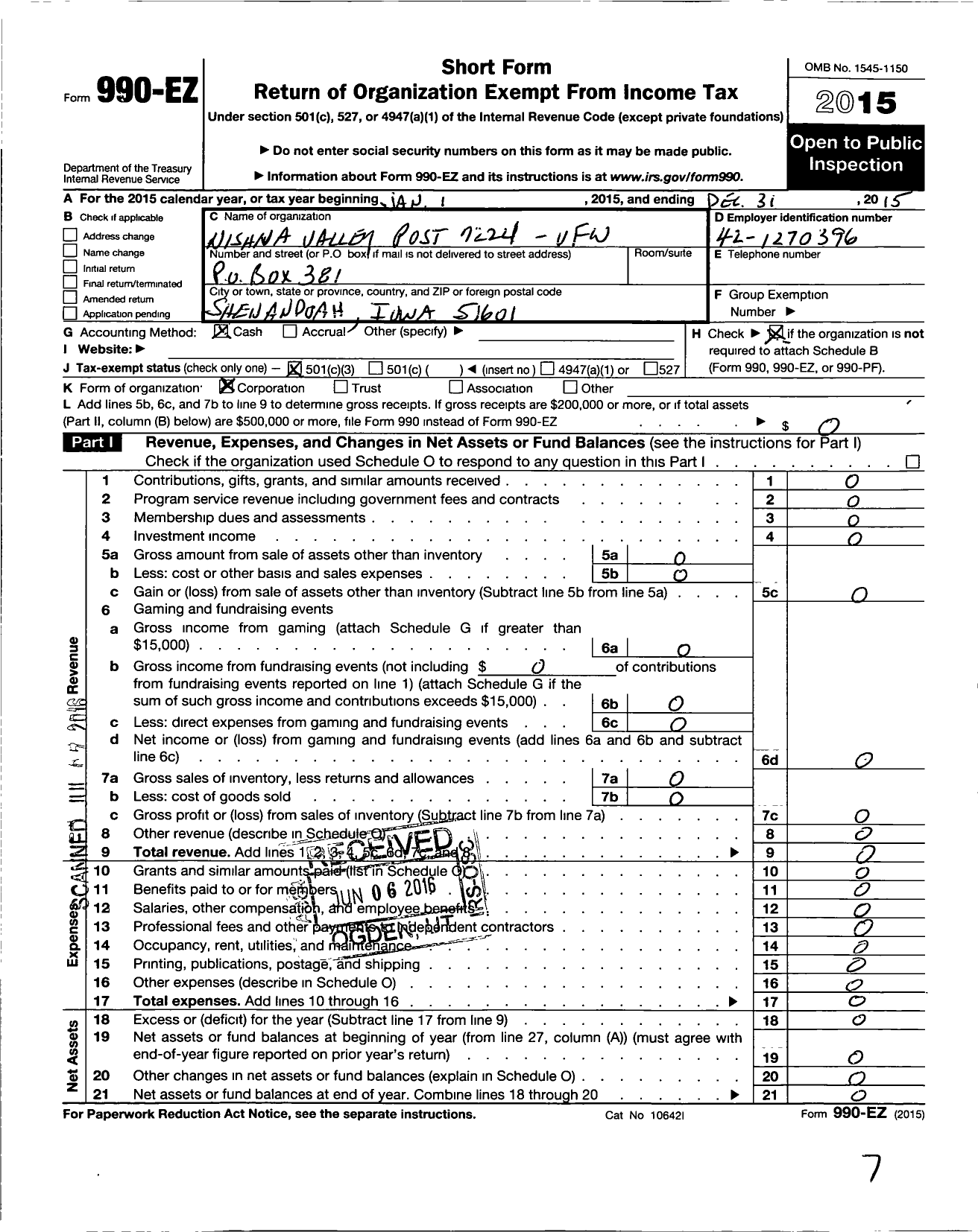 Image of first page of 2015 Form 990EZ for Veterans of Foreign Wars of the United States Dept of Iowa - 7224 Vfw-Iowa Nishna Valley