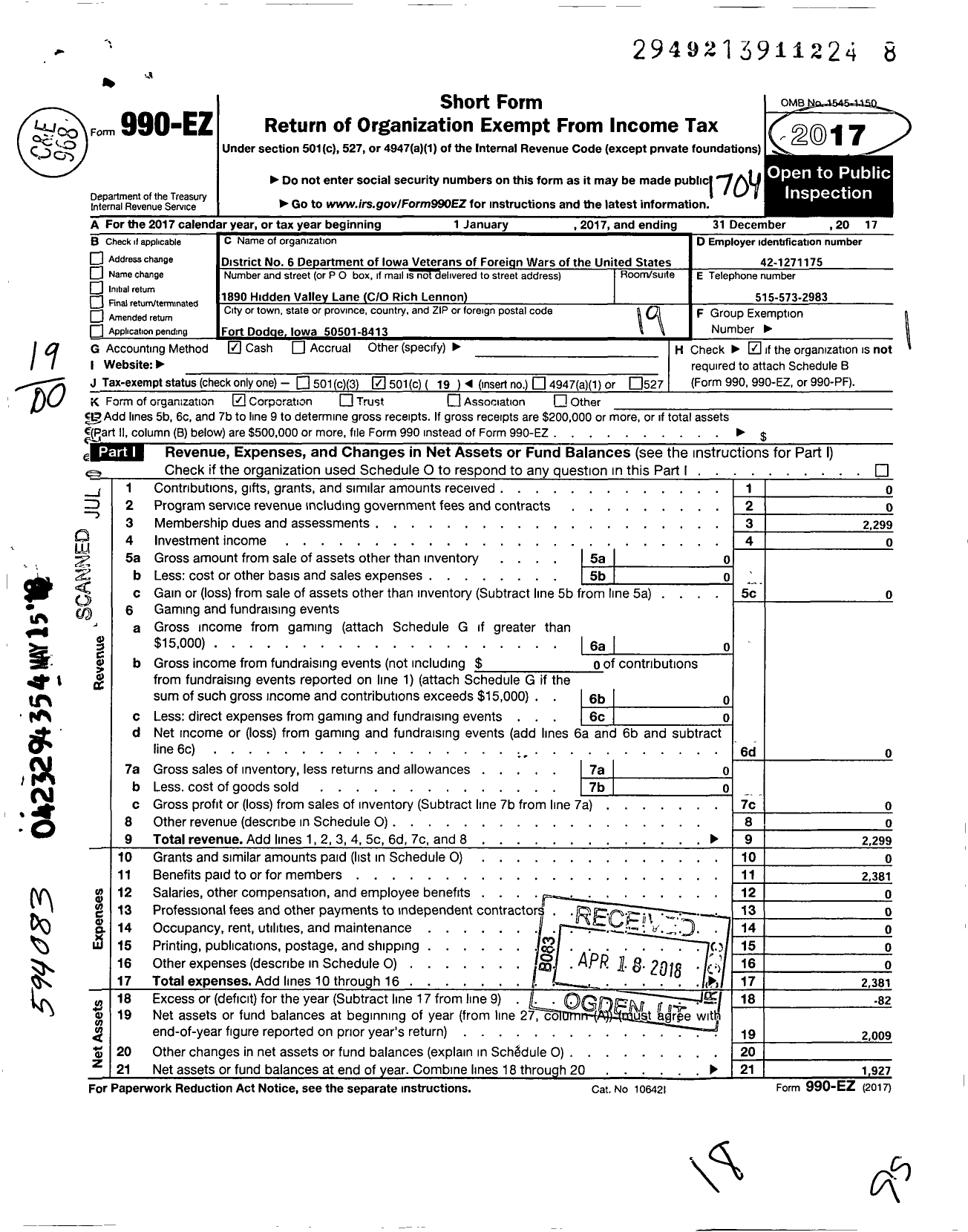 Image of first page of 2016 Form 990EO for Veterans of Foreign Wars of the United States Dept of Iowa / 6th District