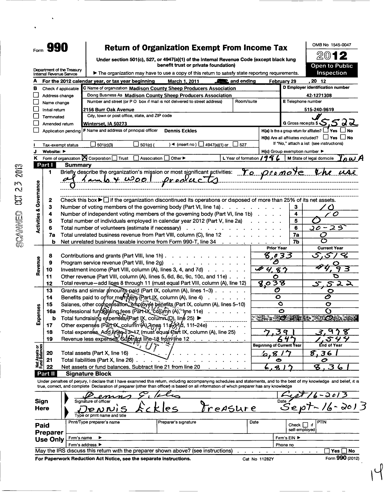 Image of first page of 2011 Form 990O for Madison County Sheep Producers Association