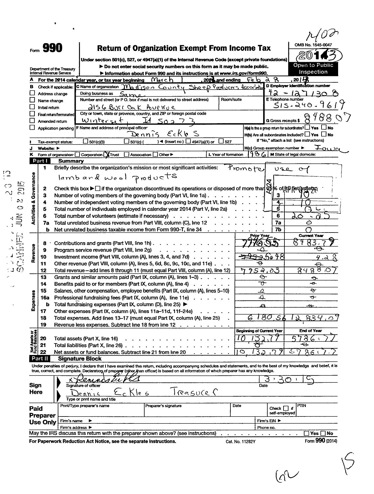 Image of first page of 2013 Form 990O for Madison County Sheep Producers Association