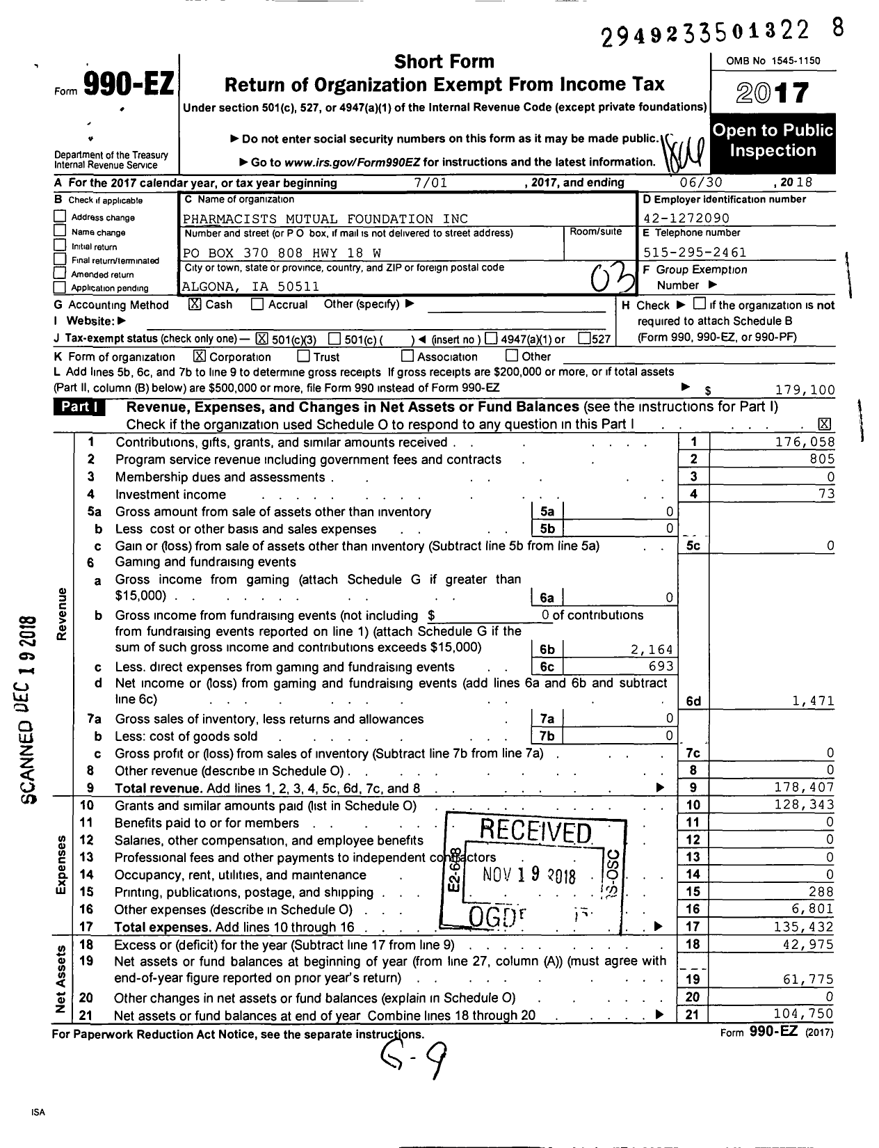 Image of first page of 2017 Form 990EZ for Pharmacists Mutual Foundation