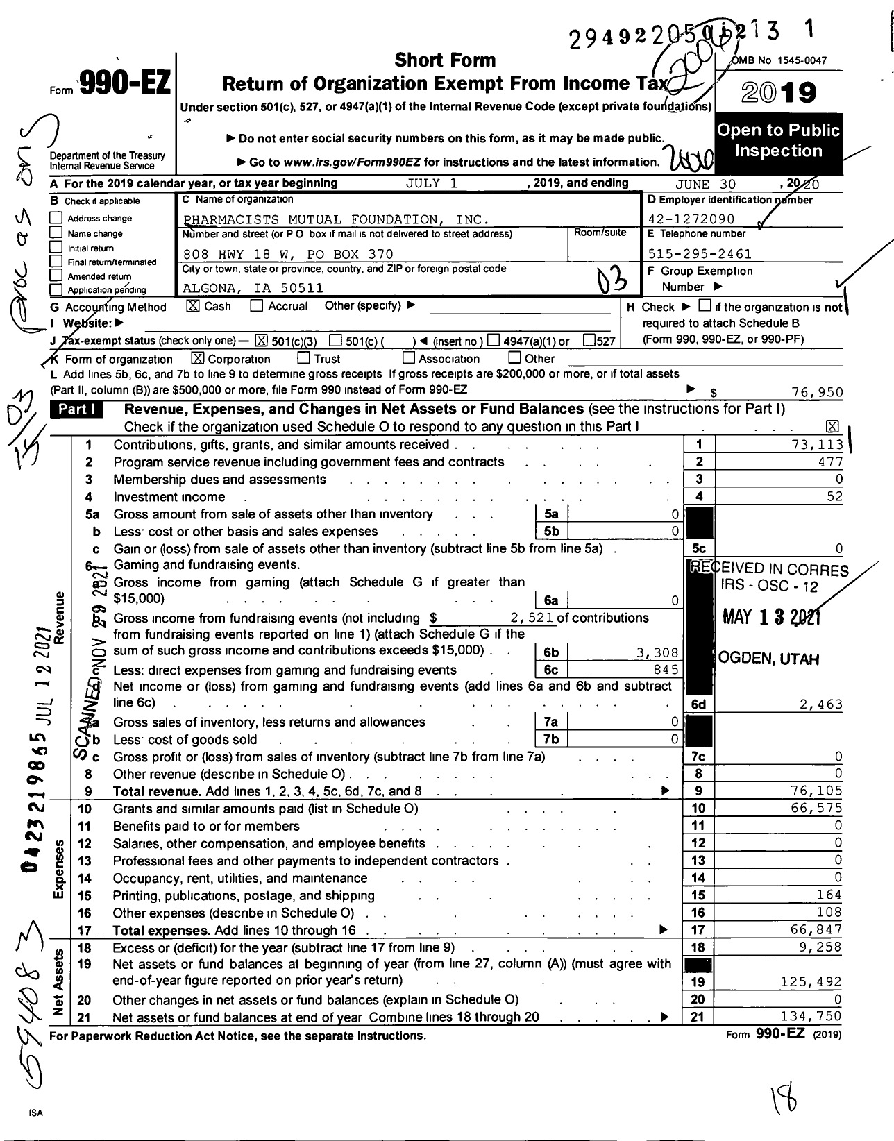 Image of first page of 2019 Form 990EZ for Pharmacists Mutual Foundation