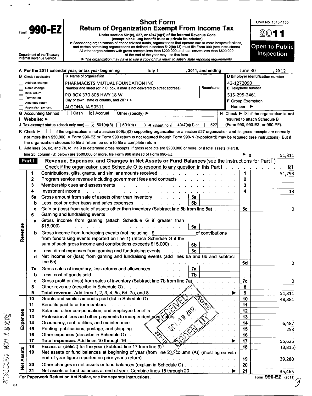 Image of first page of 2011 Form 990EZ for Pharmacists Mutual Foundation