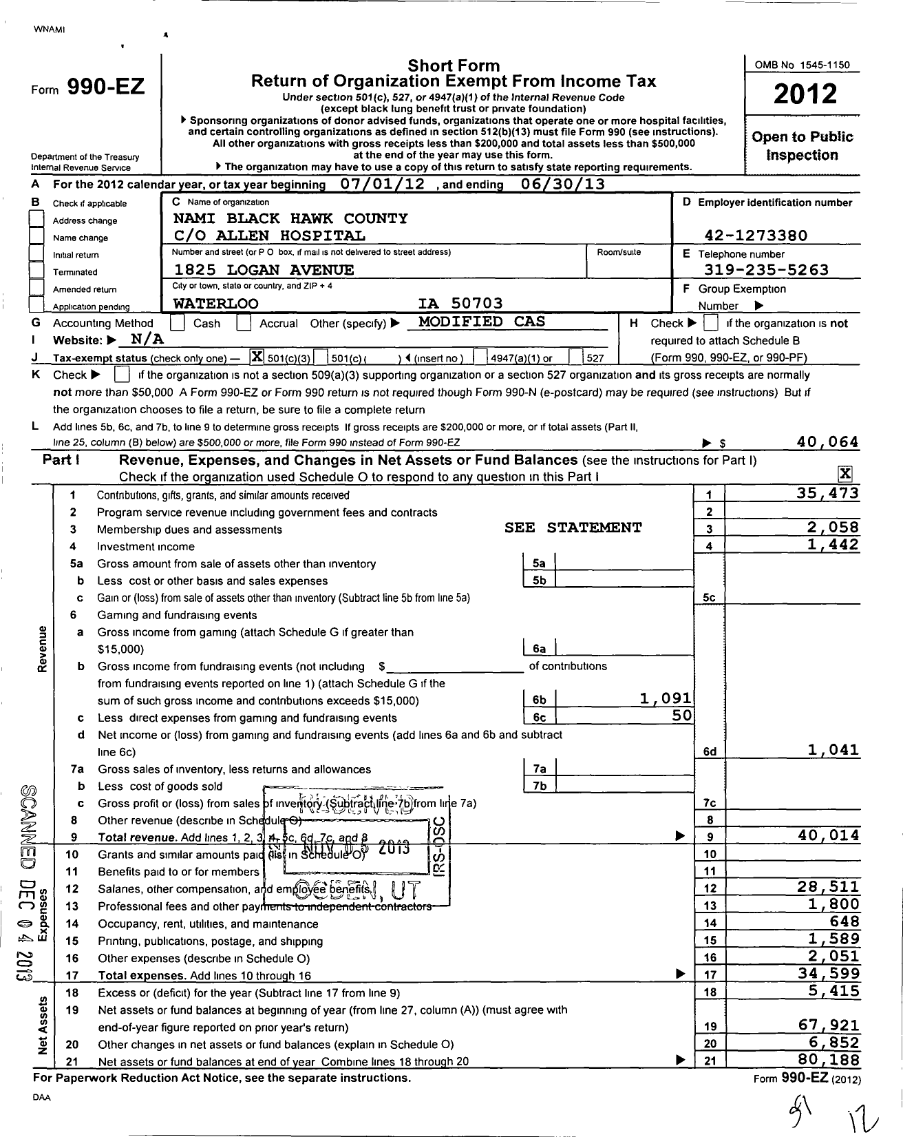Image of first page of 2012 Form 990EZ for Nami Black Hawk County