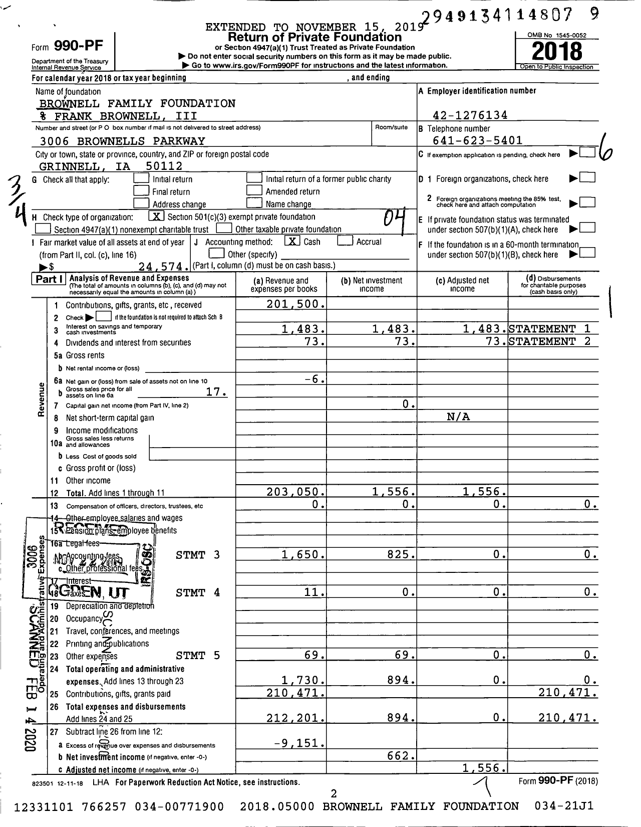 Image of first page of 2018 Form 990PF for Brownell Family Foundation
