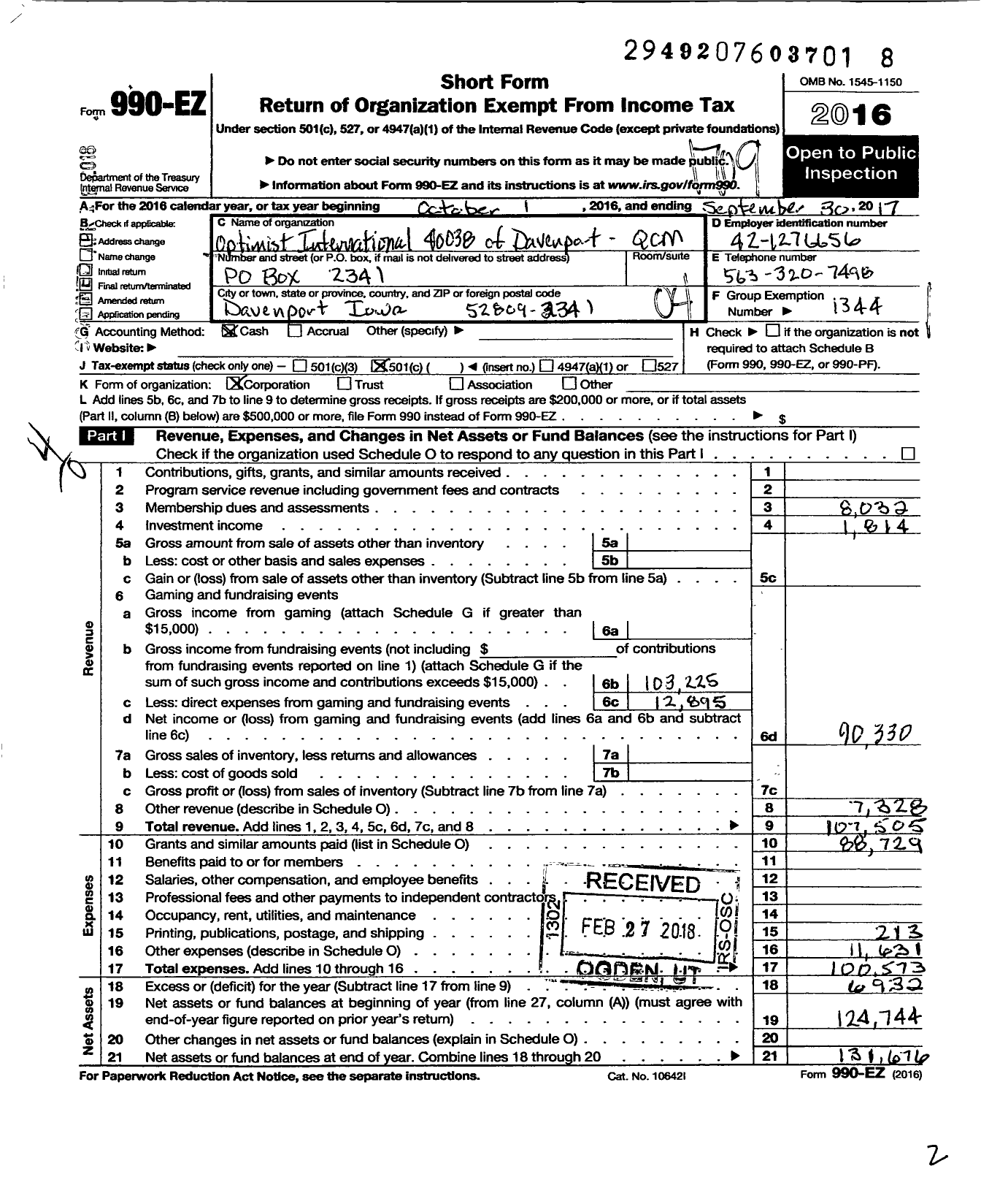 Image of first page of 2016 Form 990EO for Optimist International - 40038 Oc of Davenport-Quad Cities-M