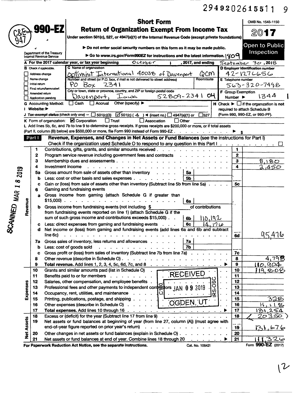 Image of first page of 2017 Form 990EO for Optimist International - 40038 Oc of Davenport-Quad Cities-M