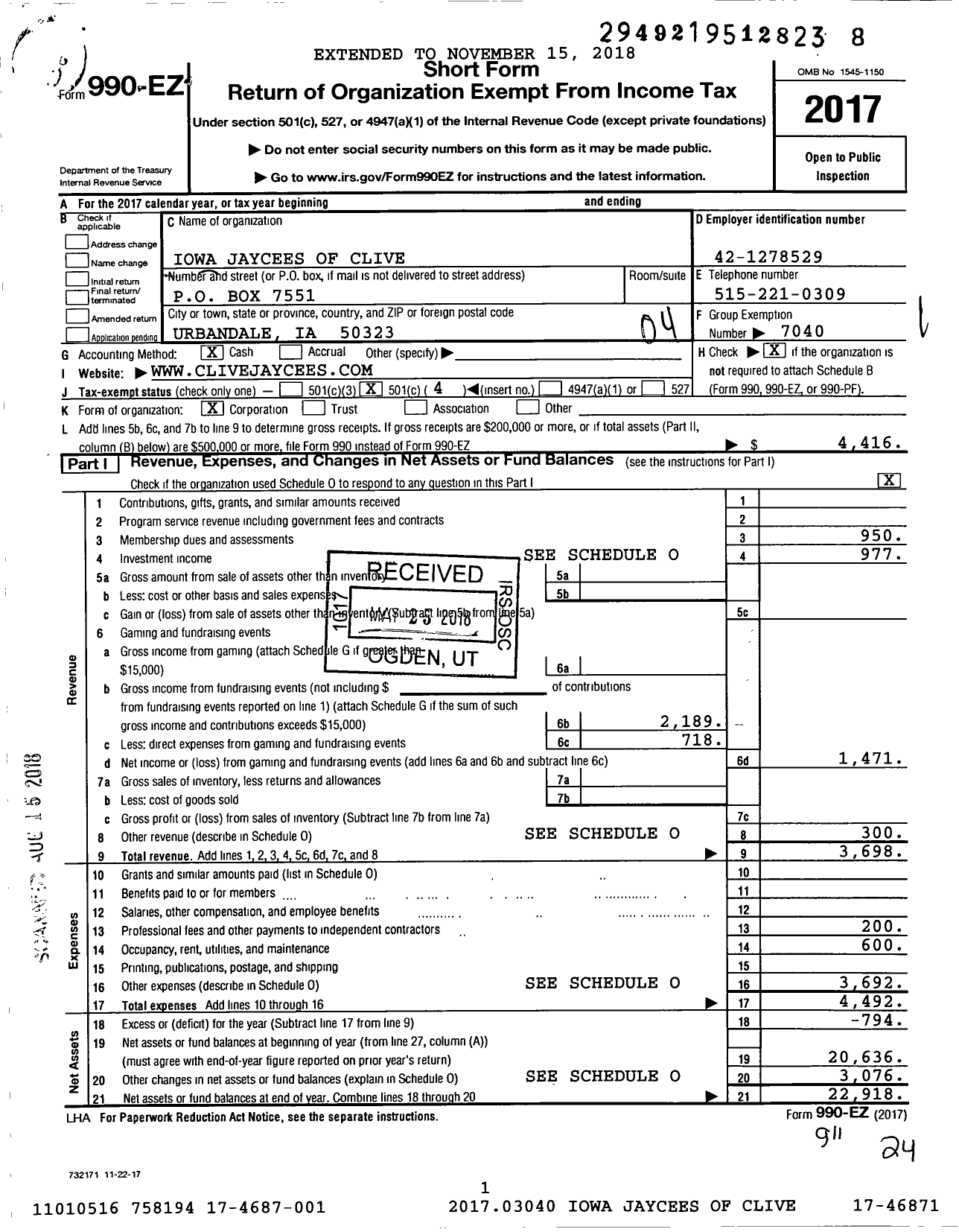 Image of first page of 2017 Form 990EO for Iowa Jaycees of Clive