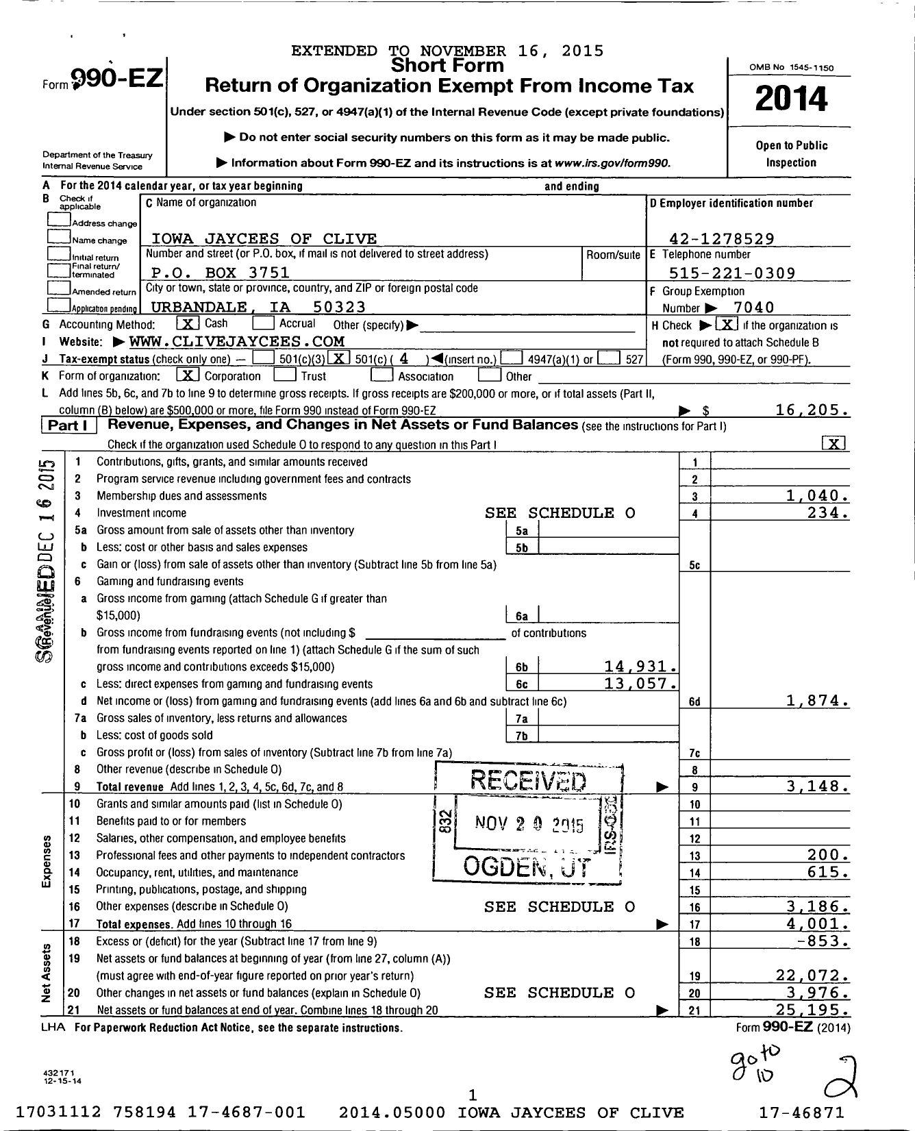 Image of first page of 2014 Form 990EO for Iowa Jaycees of Clive