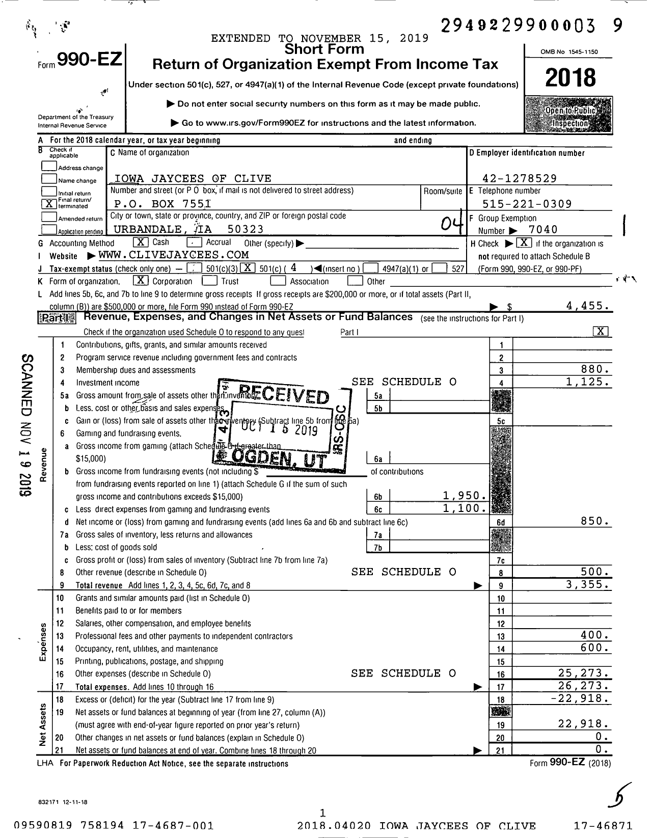 Image of first page of 2018 Form 990EO for Iowa Jaycees of Clive