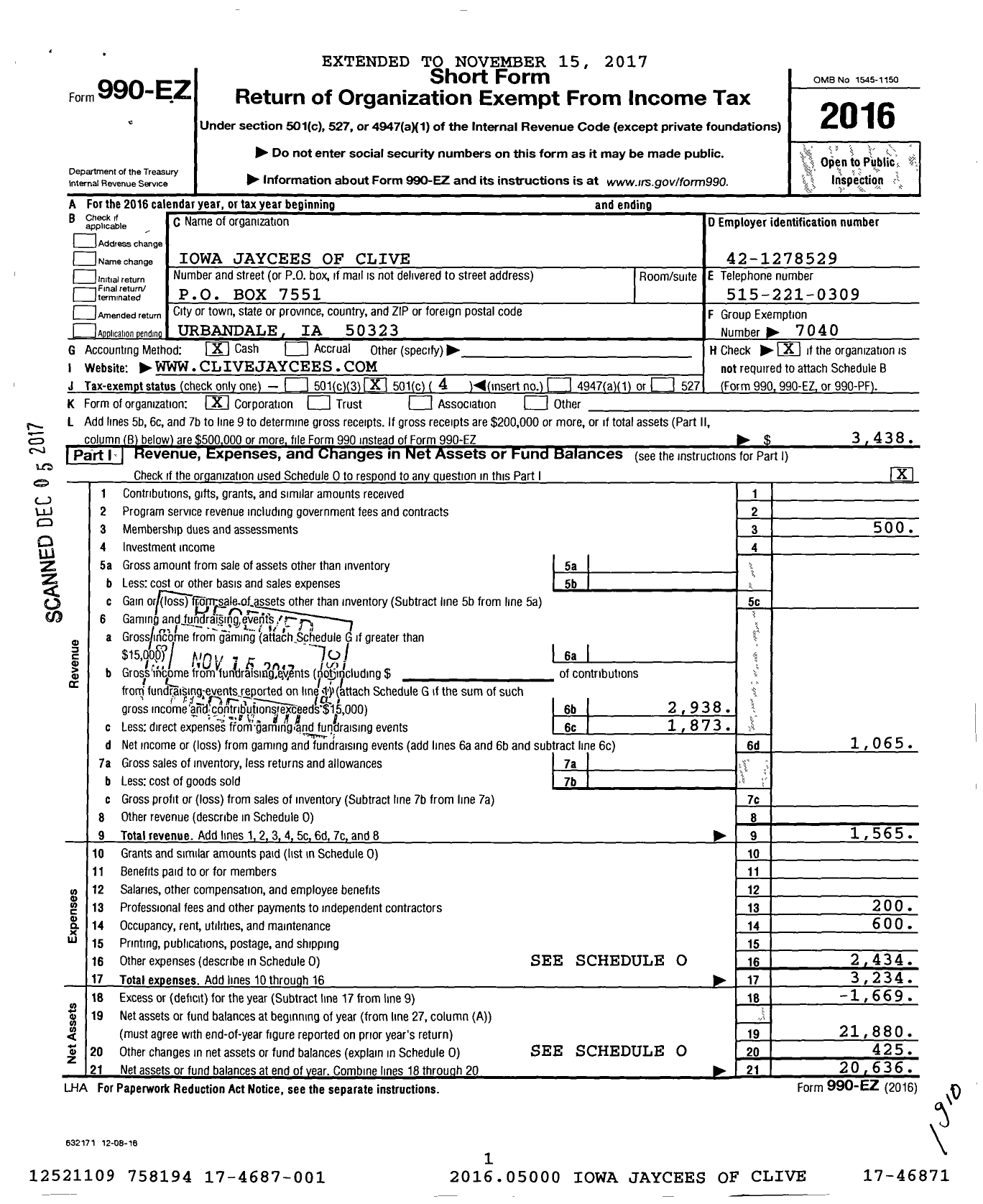 Image of first page of 2016 Form 990EO for Iowa Jaycees of Clive