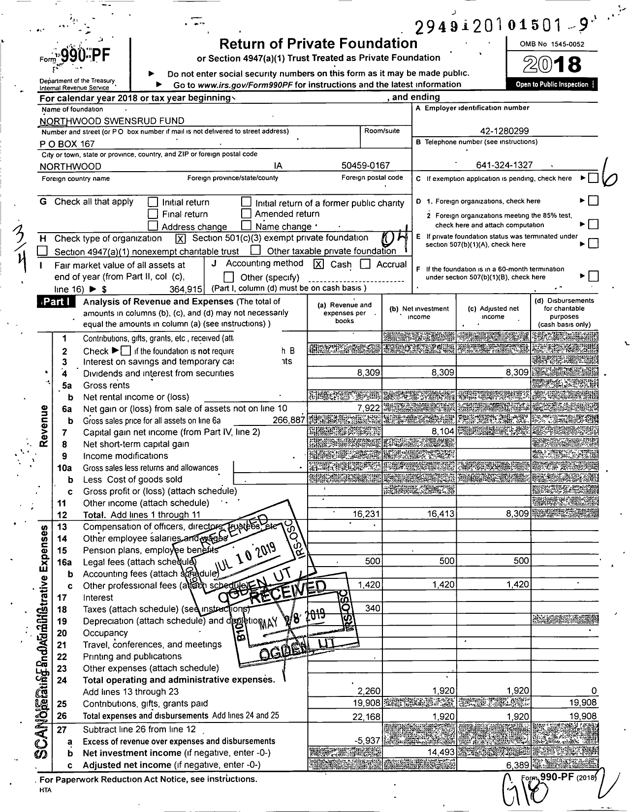 Image of first page of 2018 Form 990PF for Northwood Swensrud Fund