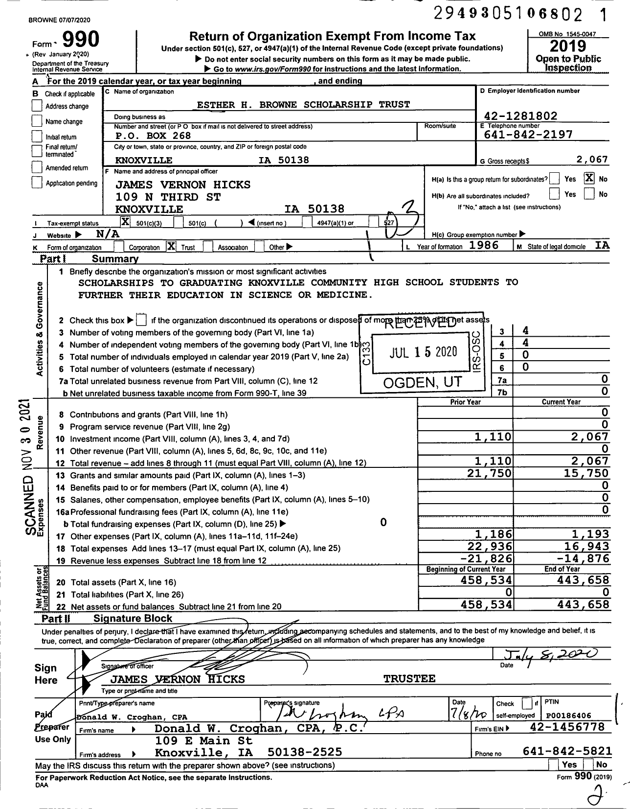 Image of first page of 2019 Form 990 for Esther H Browne Scholarship Trust