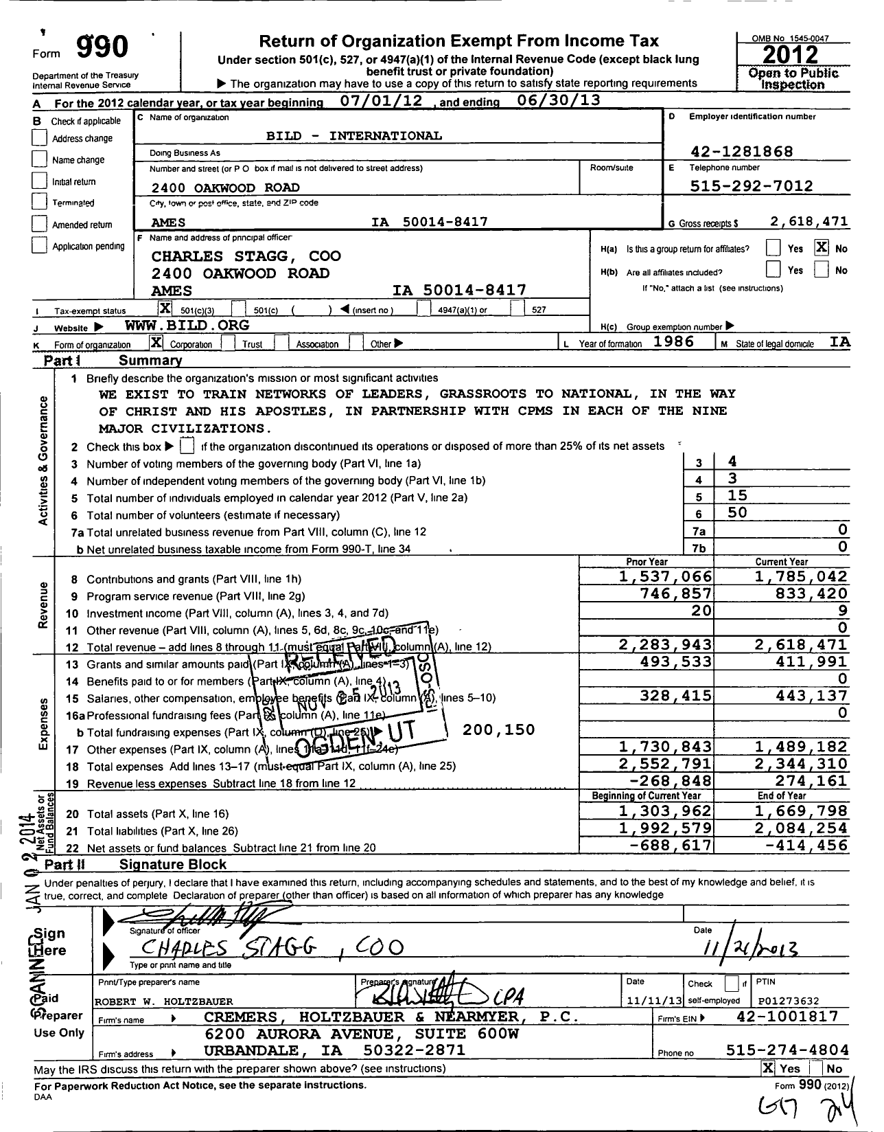 Image of first page of 2012 Form 990 for Bild - International