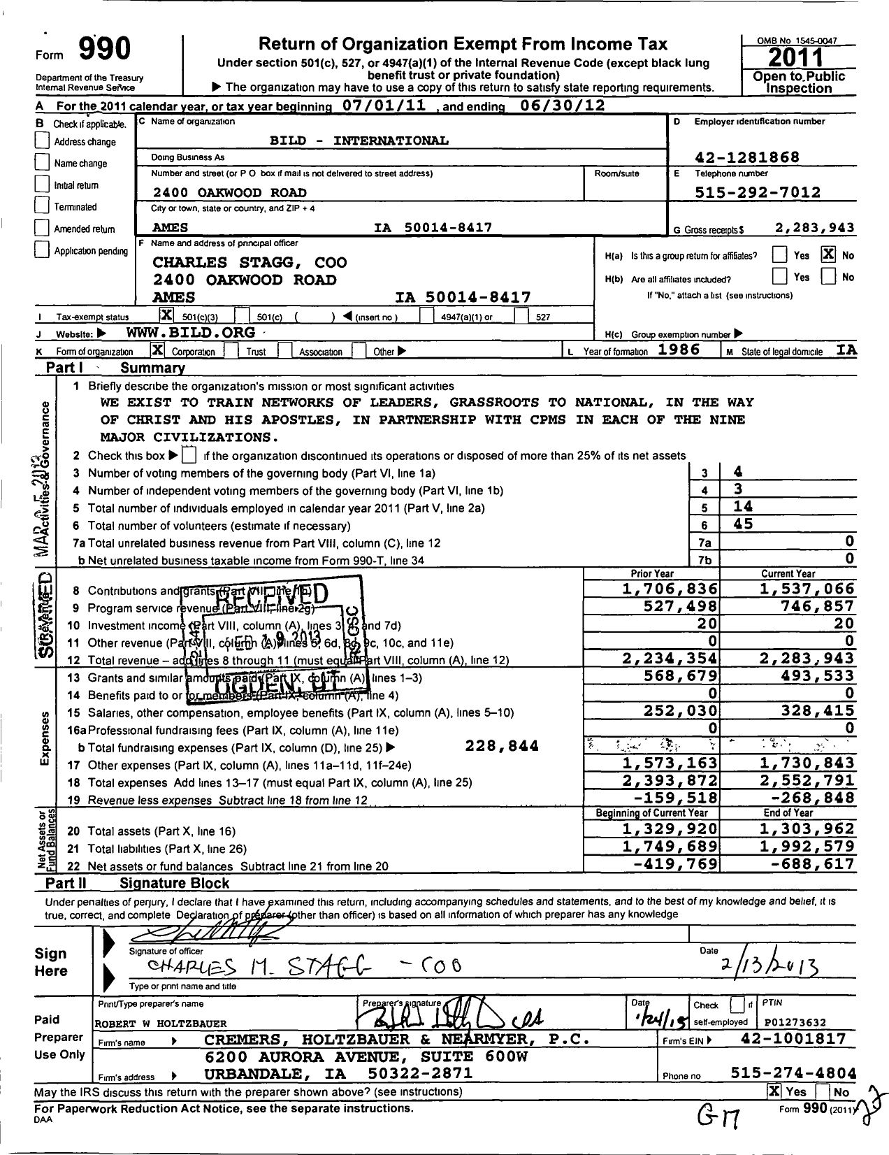 Image of first page of 2011 Form 990 for Bild - International