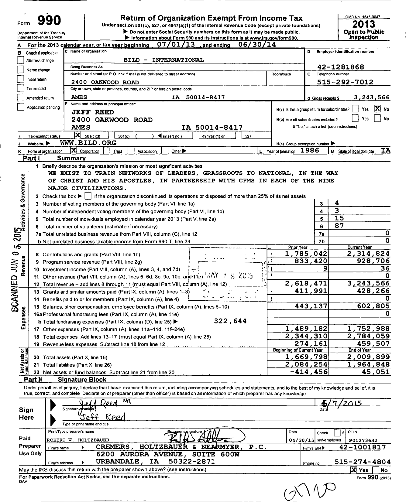 Image of first page of 2013 Form 990 for Bild - International