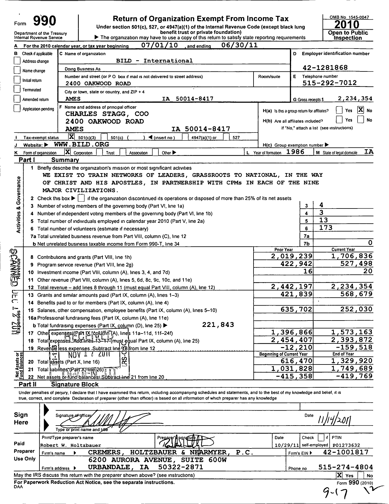 Image of first page of 2010 Form 990 for Bild - International