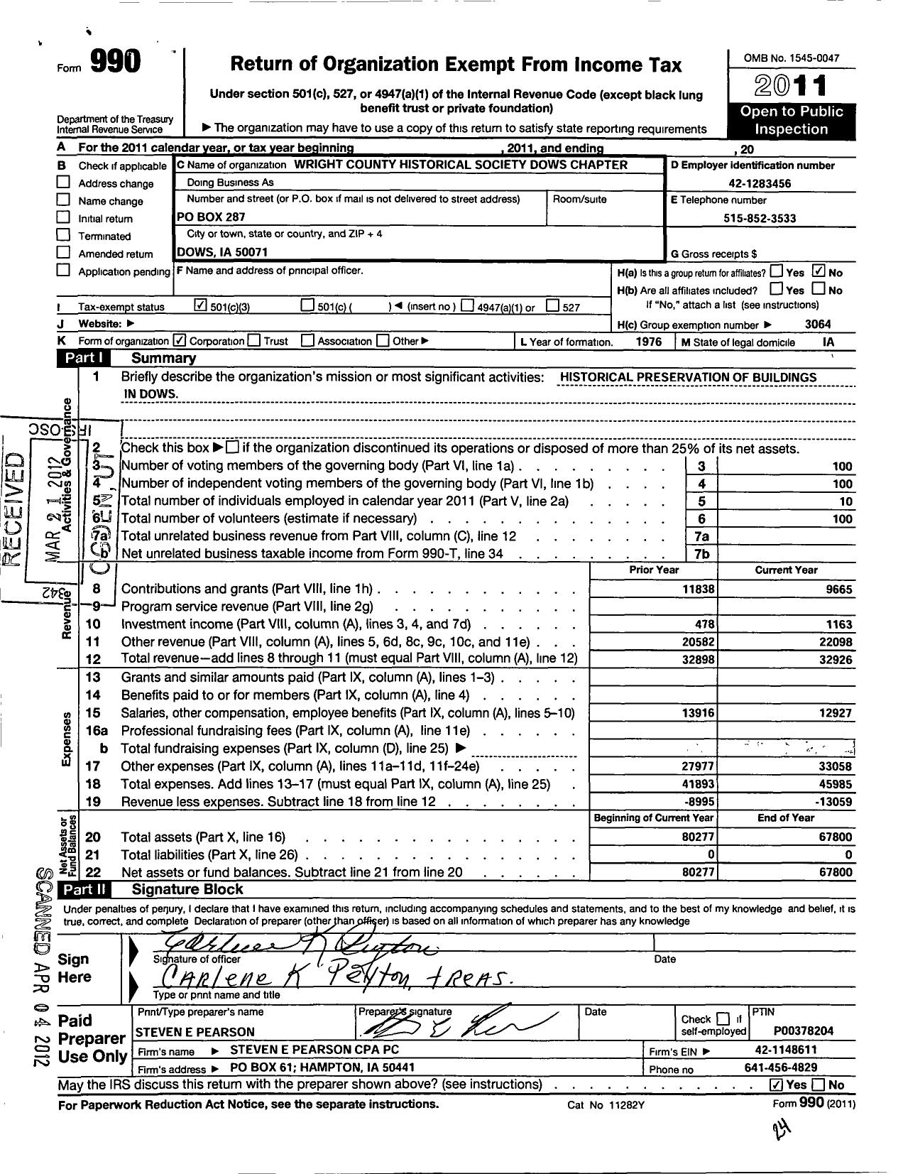 Image of first page of 2011 Form 990 for Wright County Historical Society Dows Chapter