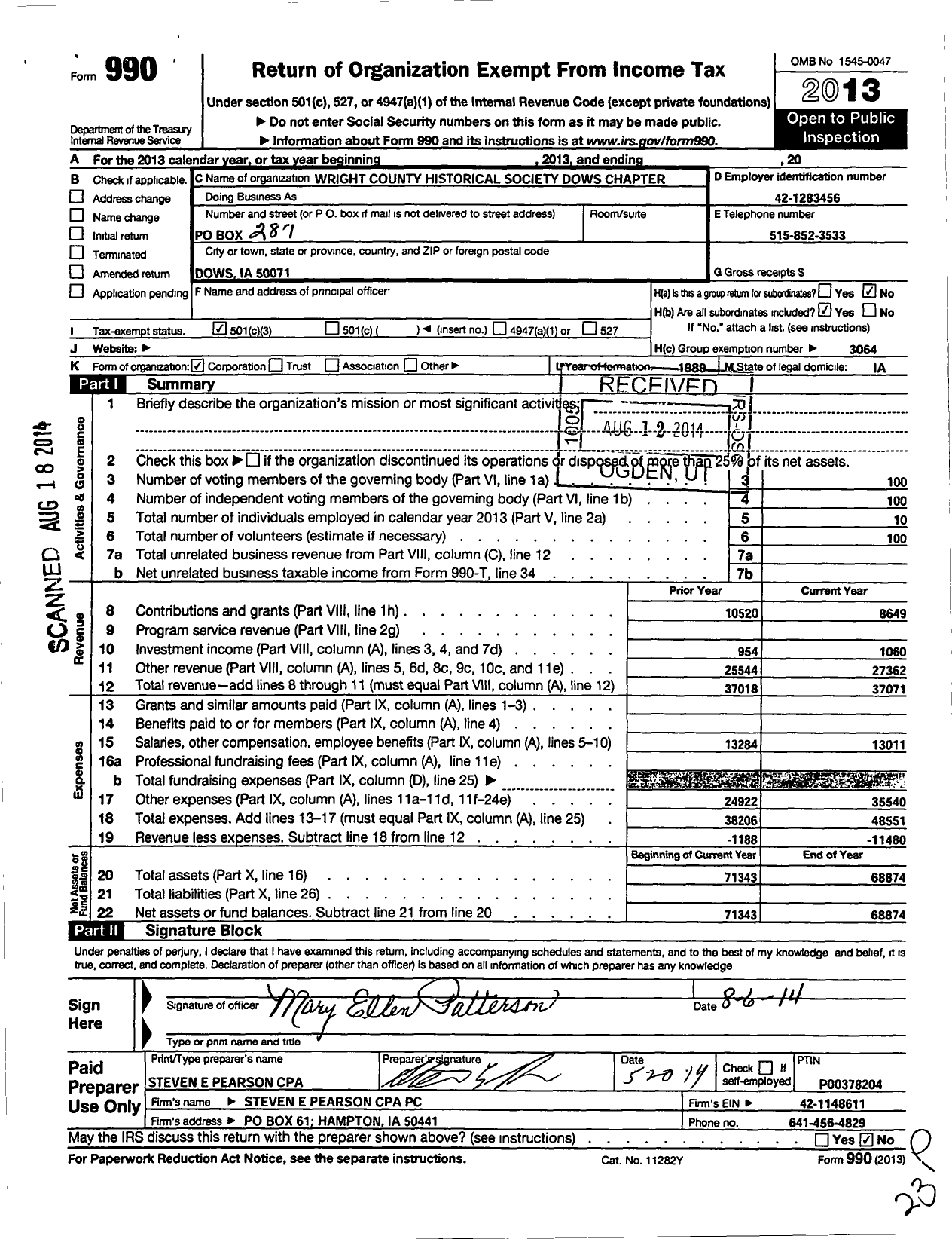 Image of first page of 2013 Form 990 for Wright County Historical Society Dows Chapter