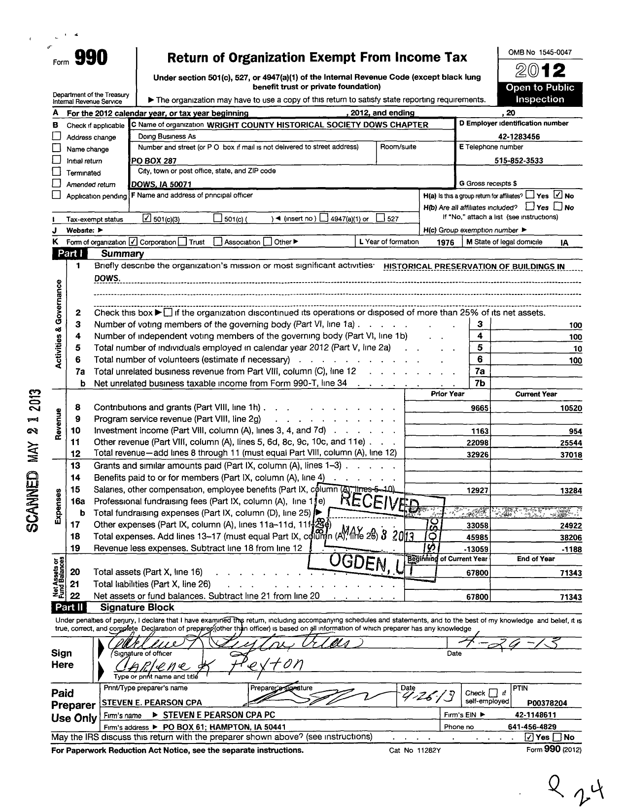 Image of first page of 2012 Form 990 for Wright County Historical Society Dows Chapter