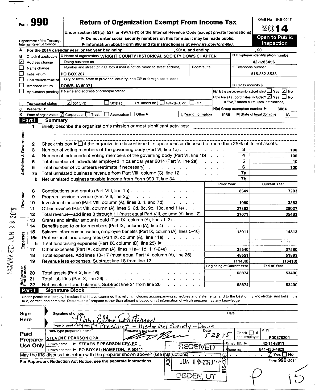 Image of first page of 2014 Form 990 for Wright County Historical Society Dows Chapter