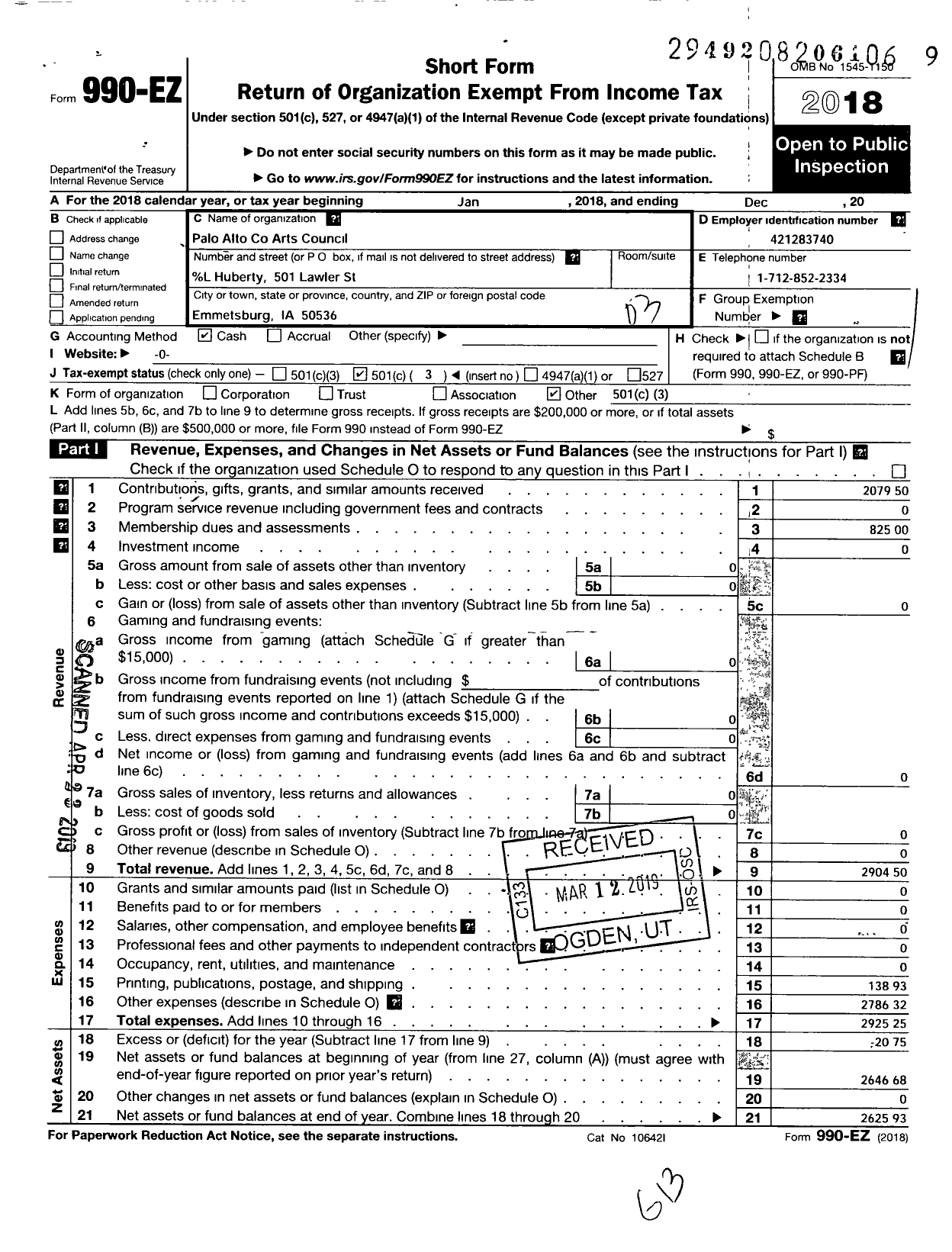 Image of first page of 2018 Form 990EZ for Palo Alto Arts Council