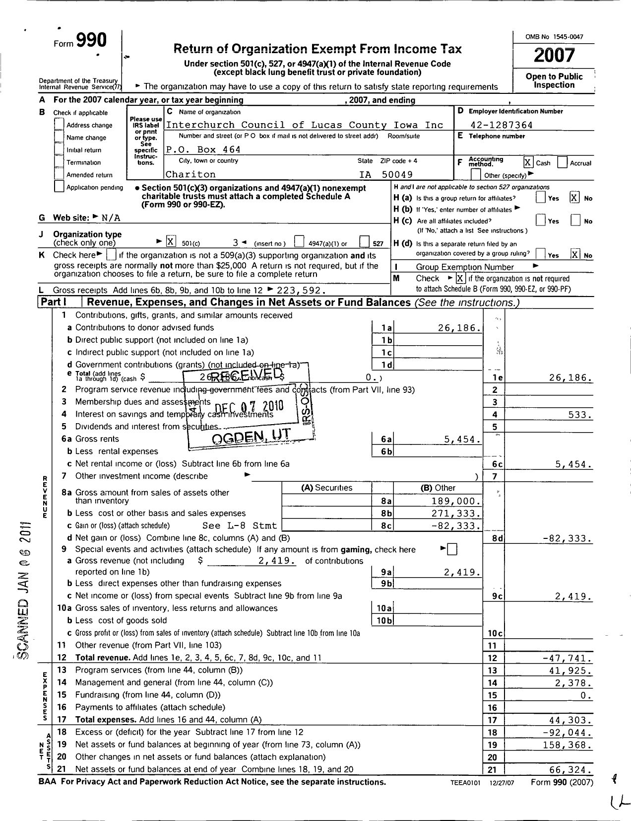 Image of first page of 2007 Form 990 for Interchurch Council of Lucas County Iowa