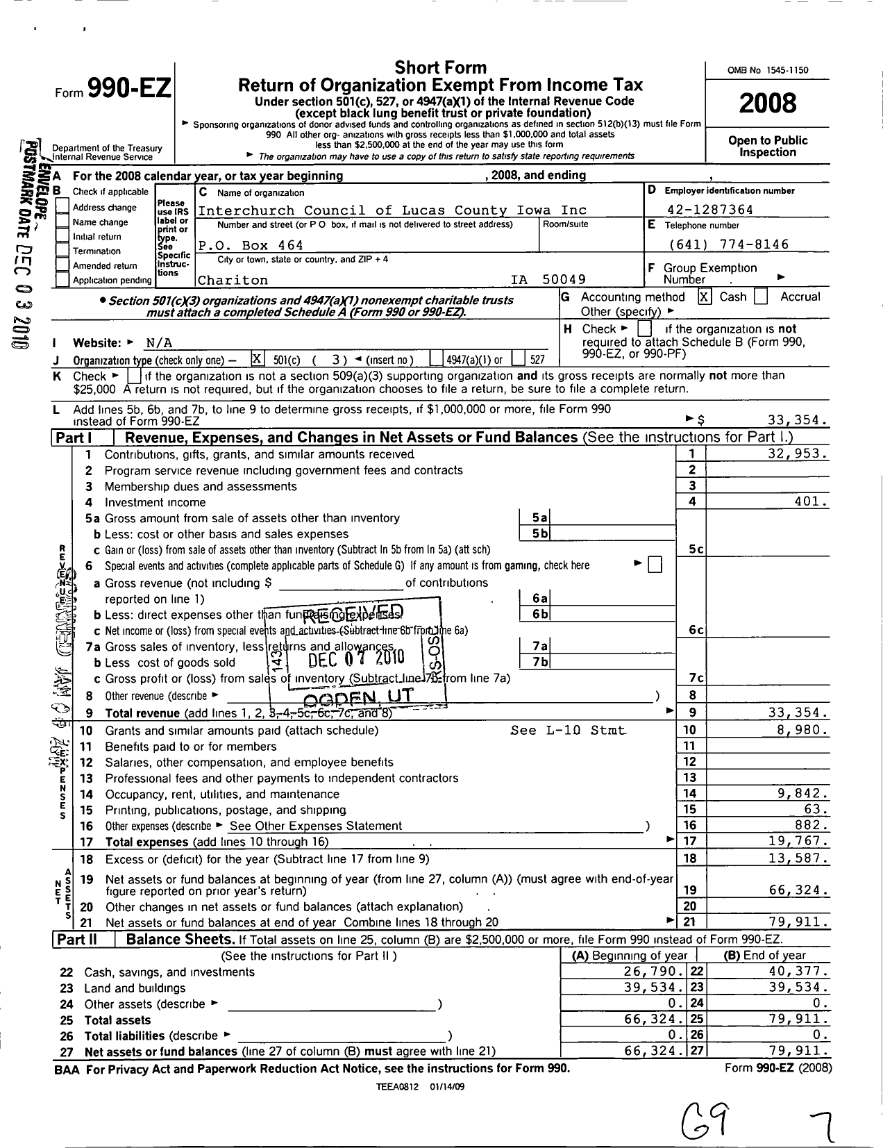 Image of first page of 2008 Form 990EZ for Interchurch Council of Lucas County Iowa