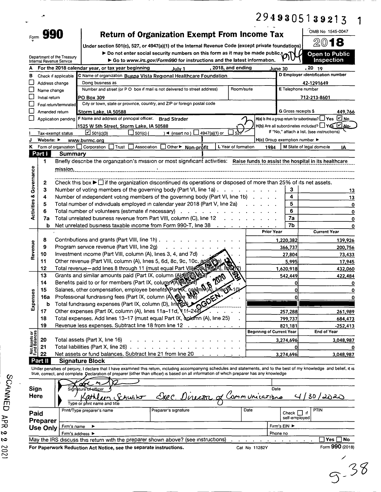 Image of first page of 2018 Form 990 for Buena Vista Regional Healthcare Foundation