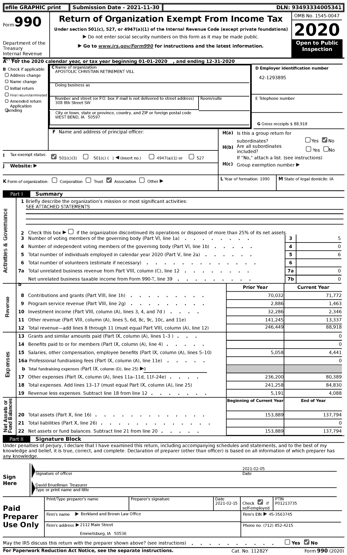 Image of first page of 2020 Form 990 for Apostolic Christian Retirement Village