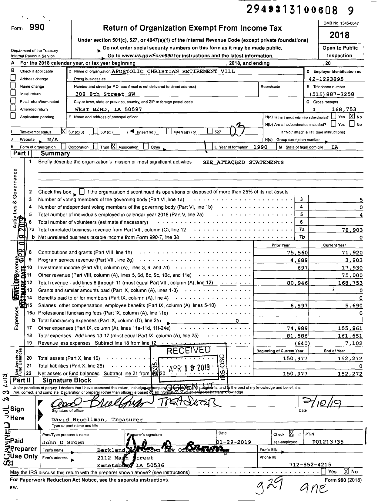 Image of first page of 2018 Form 990 for Apostolic Christian Retirement Village