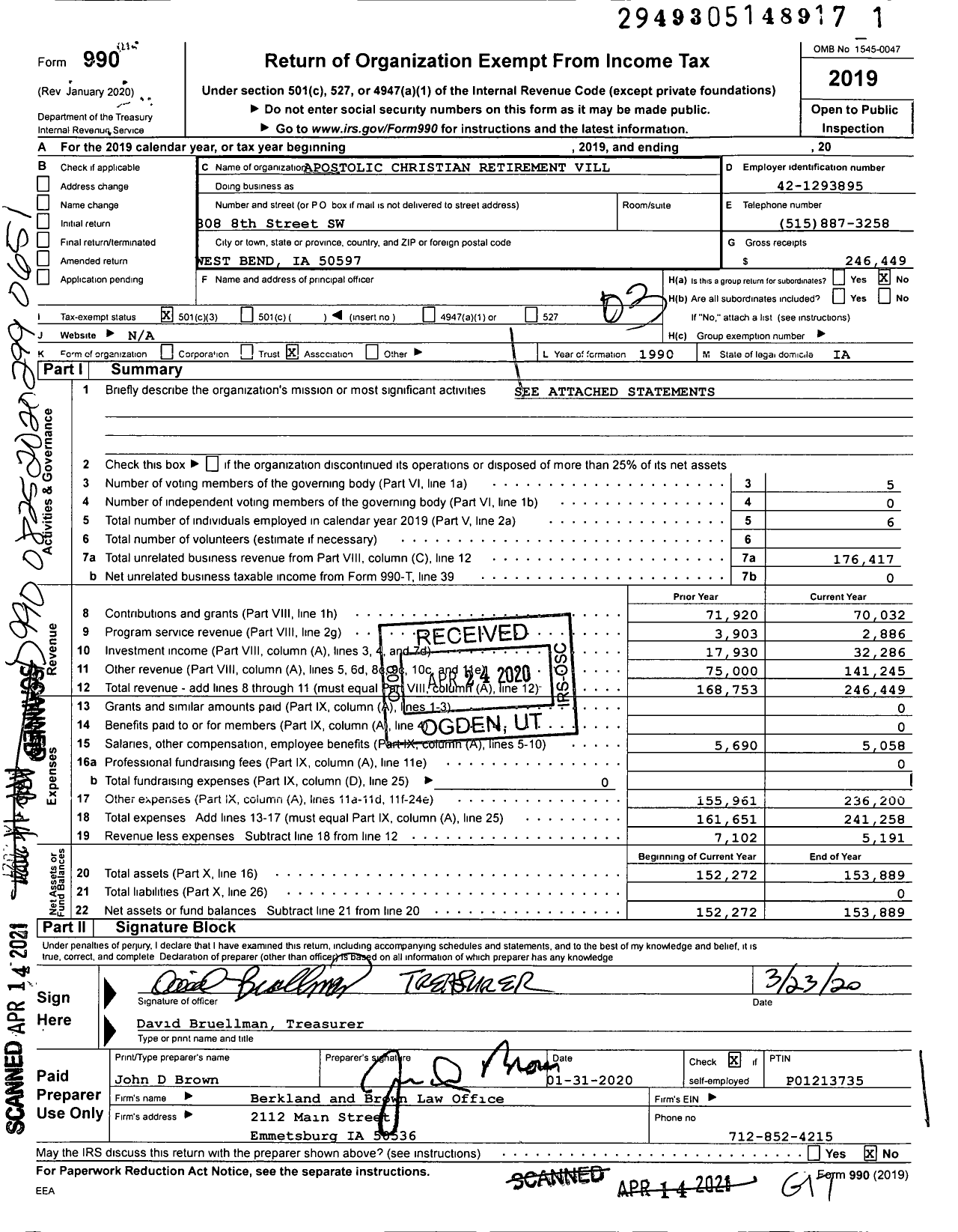 Image of first page of 2019 Form 990 for Apostolic Christian Retirement Village