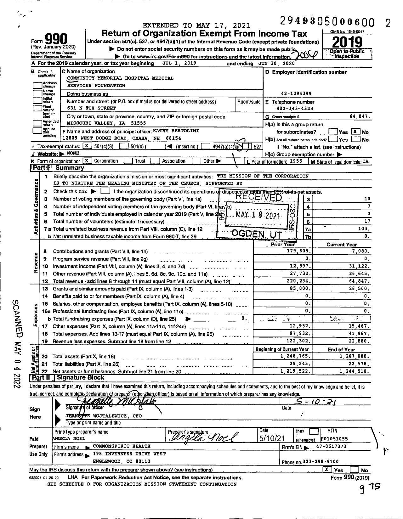 Image of first page of 2019 Form 990 for Community Memorial Hospital Medical Services Foundation