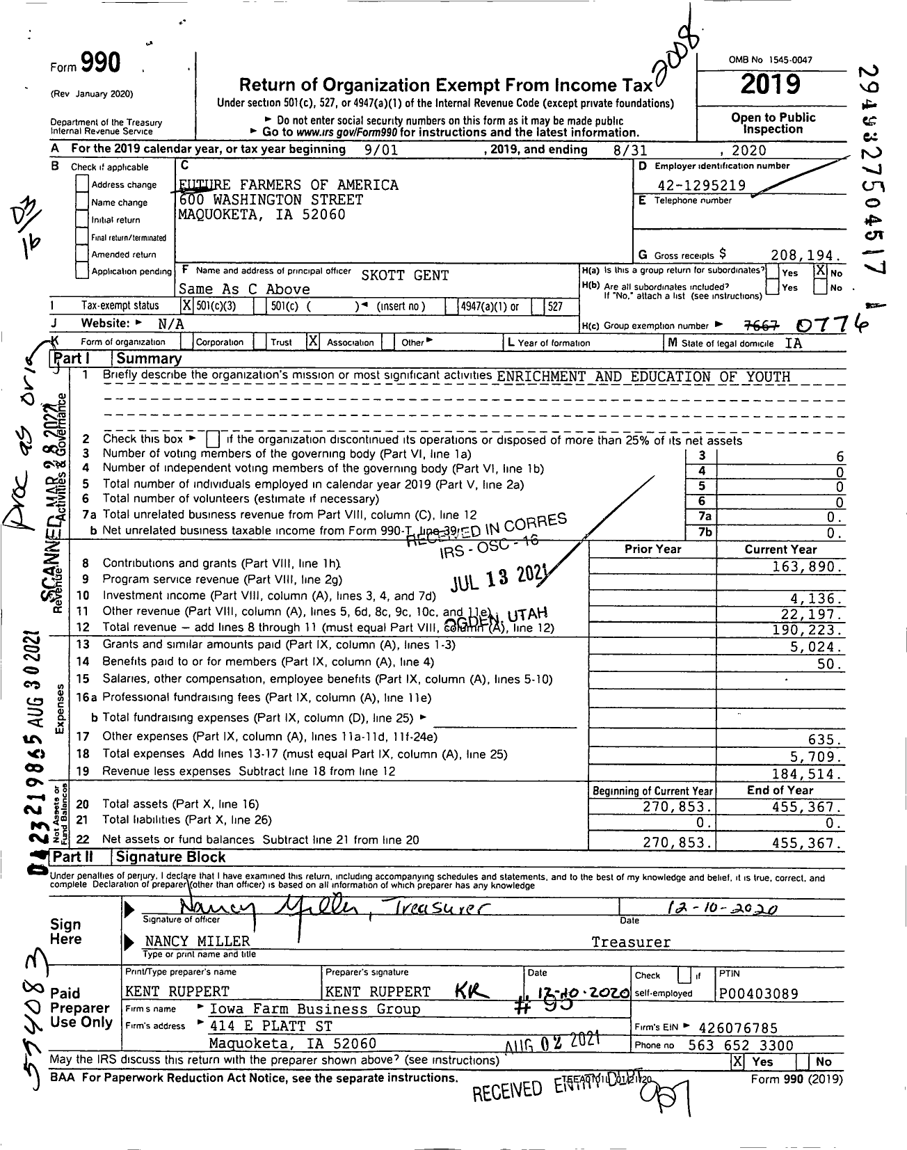 Image of first page of 2019 Form 990 for Future Farmers of America - 14052 Maquoketa Ffa Alumni