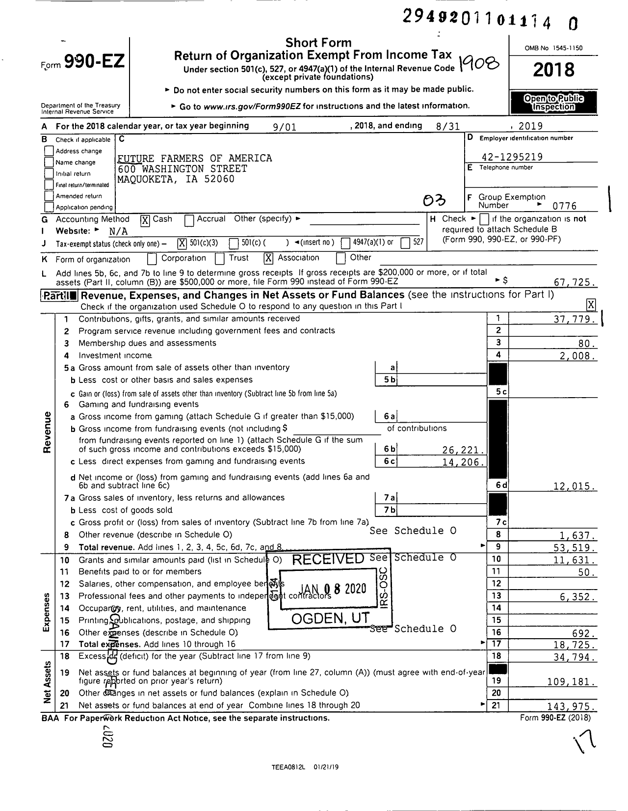 Image of first page of 2018 Form 990EZ for Future Farmers of America - 14052 Maquoketa Ffa Alumni