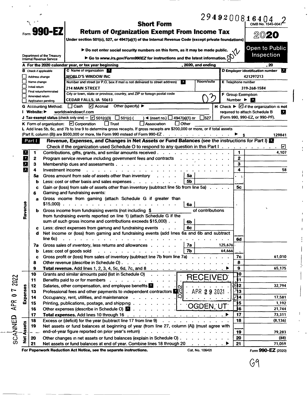 Image of first page of 2020 Form 990EZ for Worlds Window