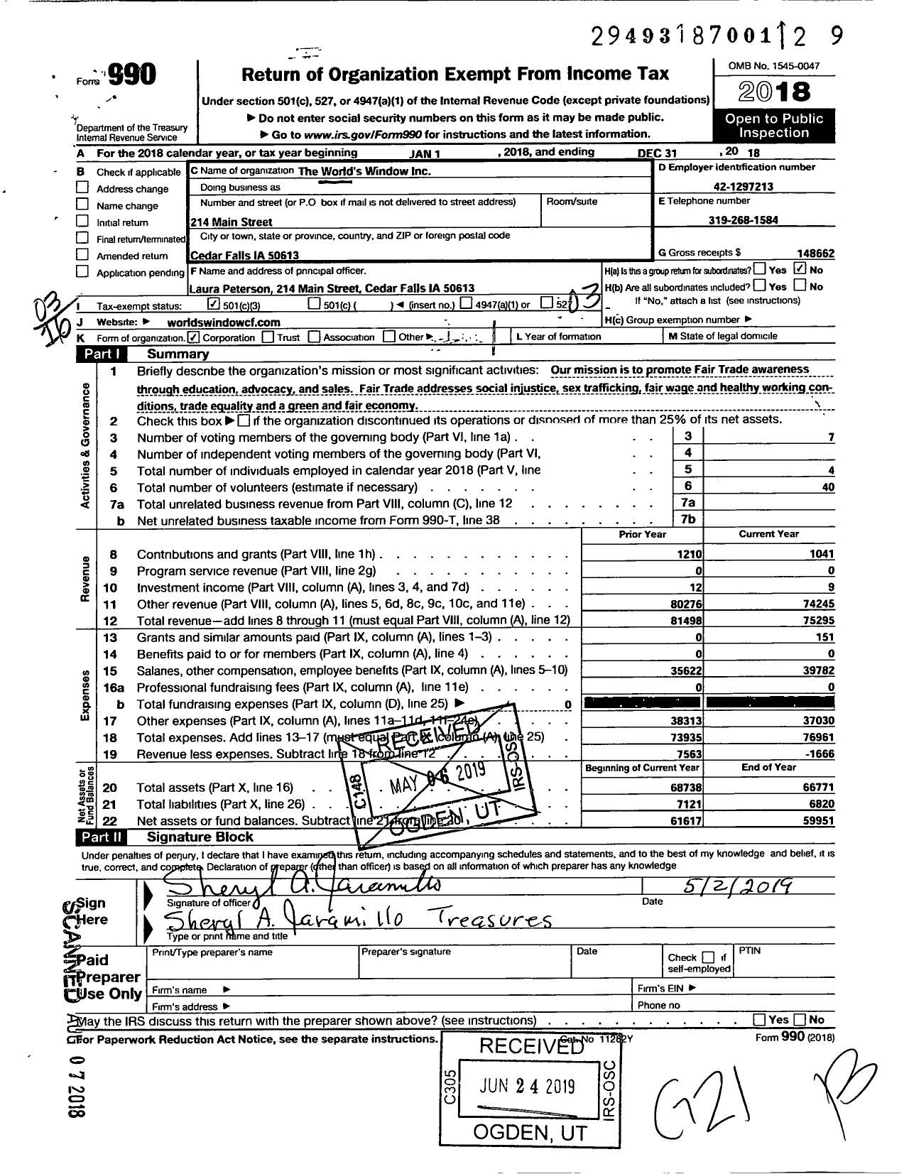 Image of first page of 2018 Form 990 for Worlds Window