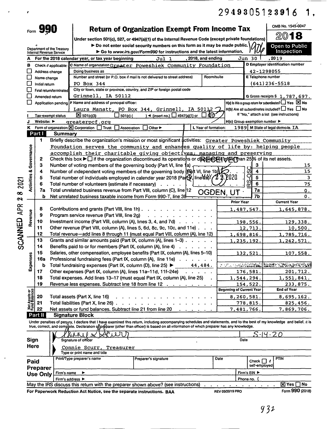 Image of first page of 2018 Form 990 for Greater Poweshiek Community Foundation