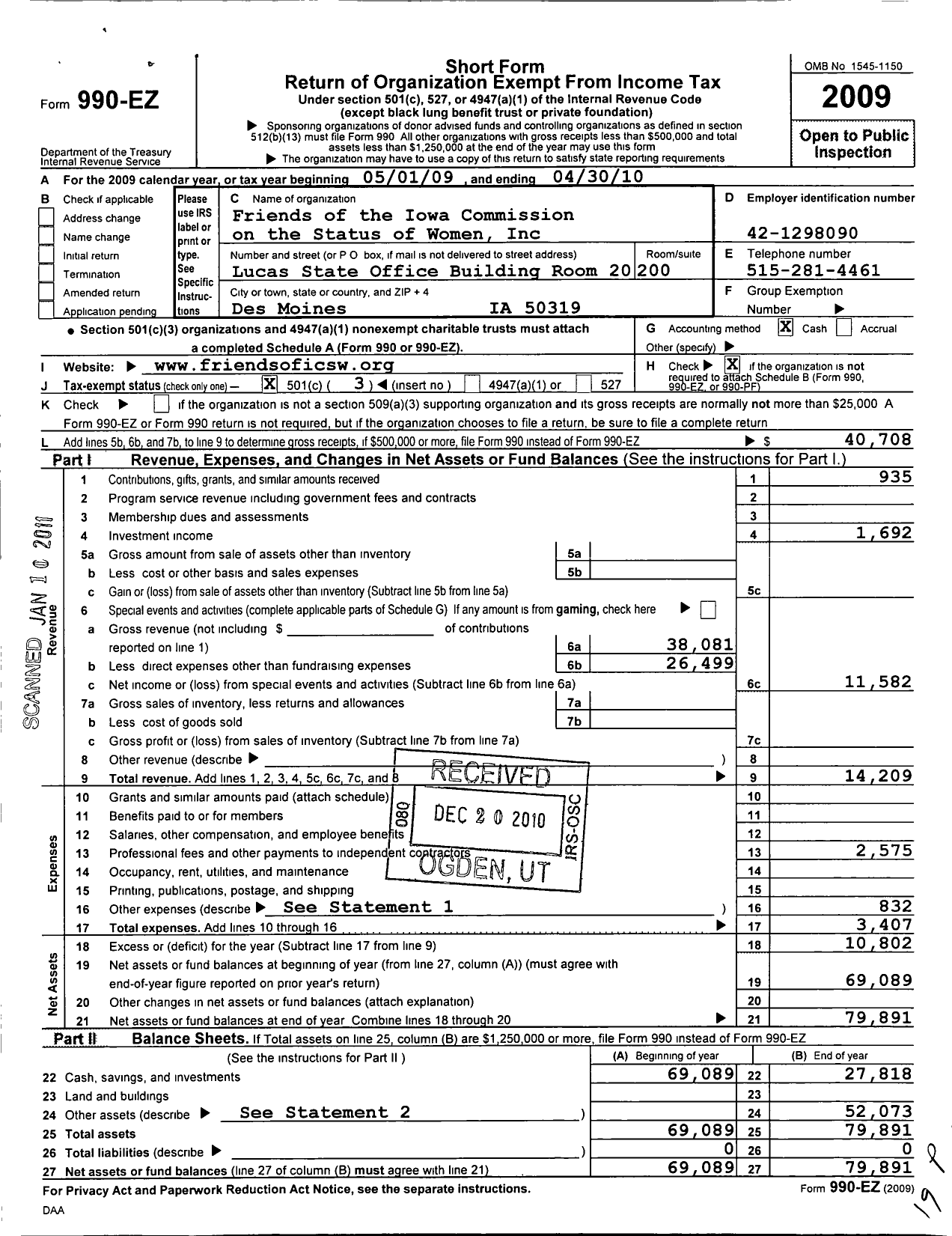 Image of first page of 2009 Form 990EZ for Friends of the Iowa Commission on the Status of Women