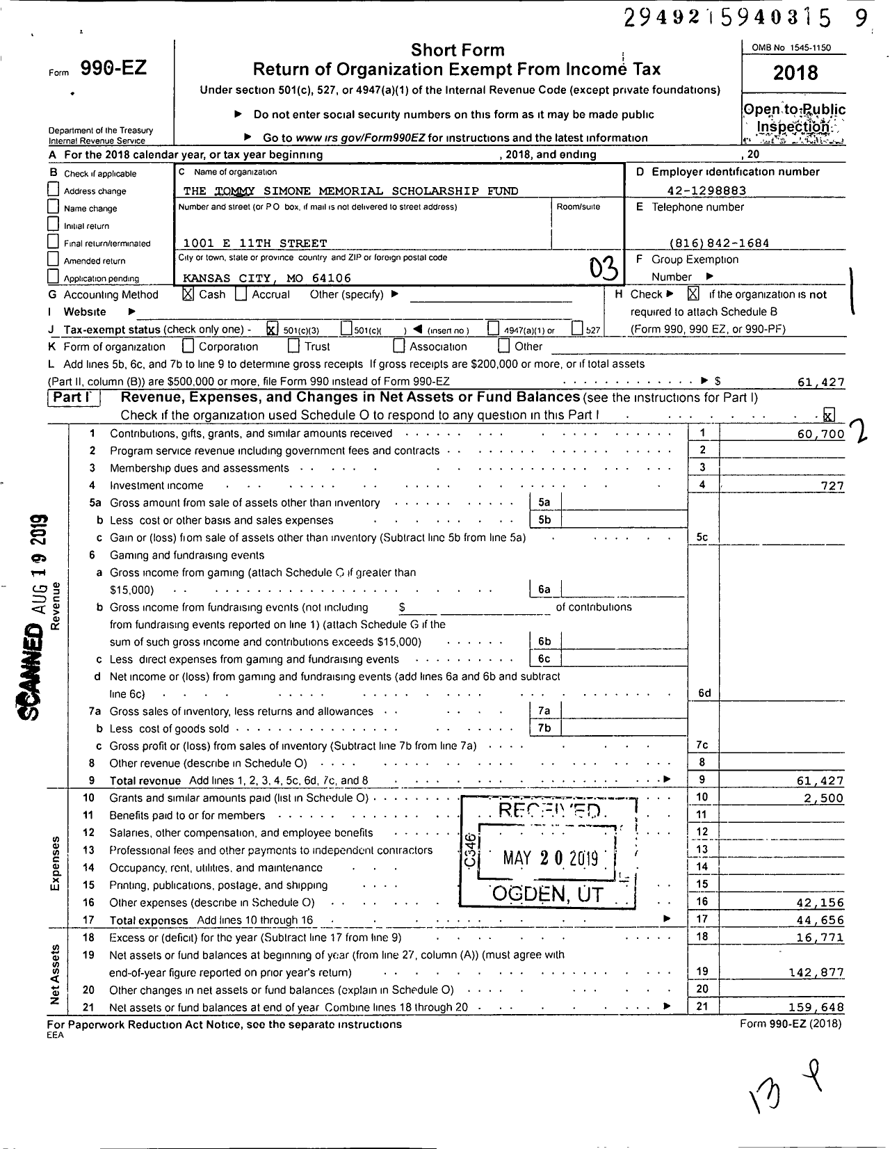 Image of first page of 2018 Form 990EZ for The Tommy Simone Memorial Scholarship Fund