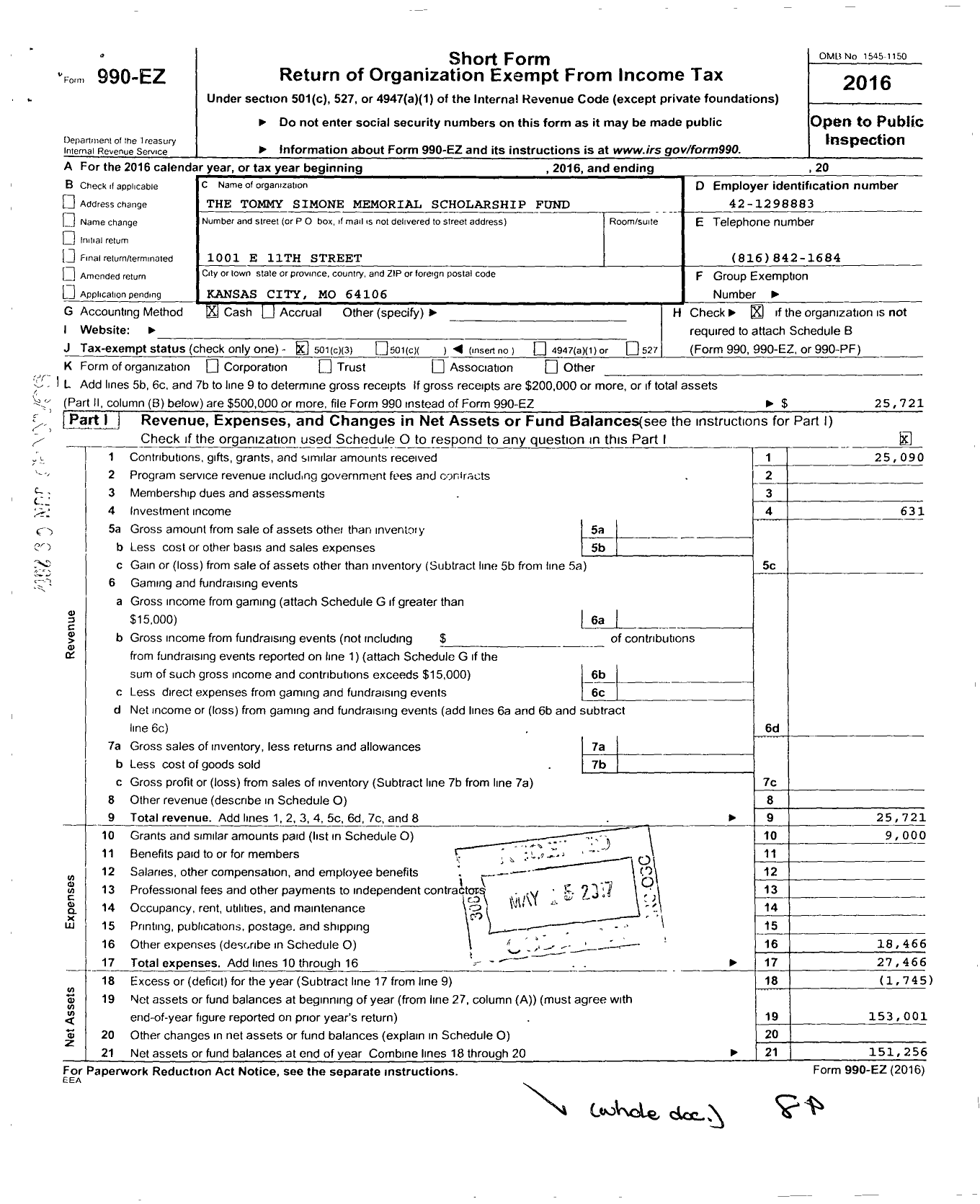 Image of first page of 2016 Form 990EZ for The Tommy Simone Memorial Scholarship Fund