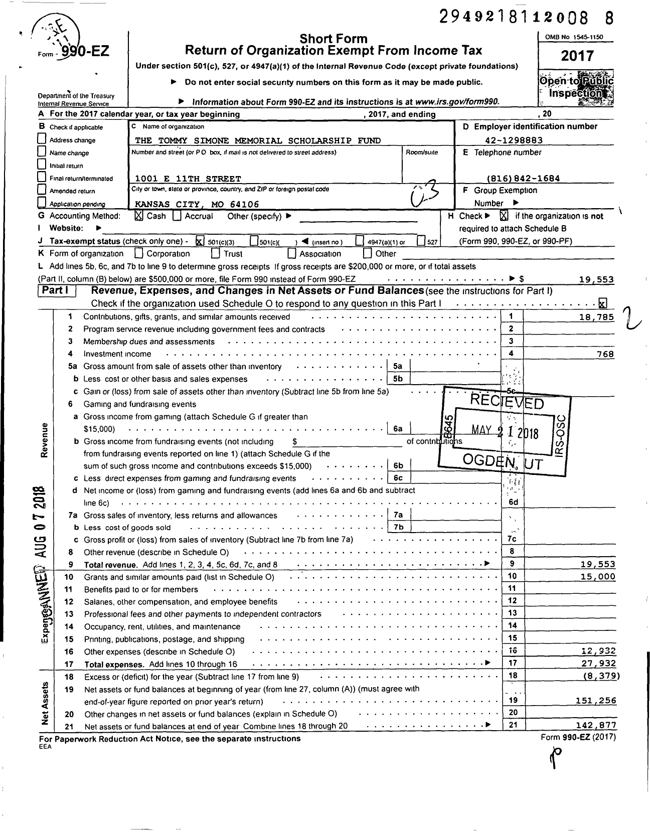 Image of first page of 2017 Form 990EZ for The Tommy Simone Memorial Scholarship Fund