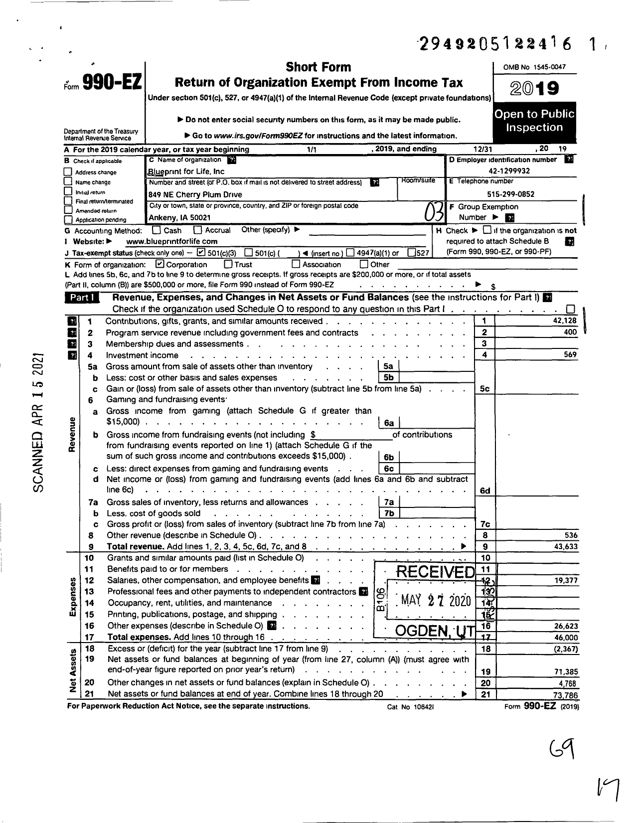 Image of first page of 2019 Form 990EZ for Blueprint for Life